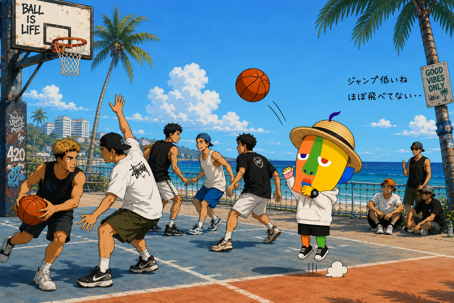 KAZUKIN playing basketball with teenagers on a seaside court. He thinks he's jumping, but he's basically on the ground.