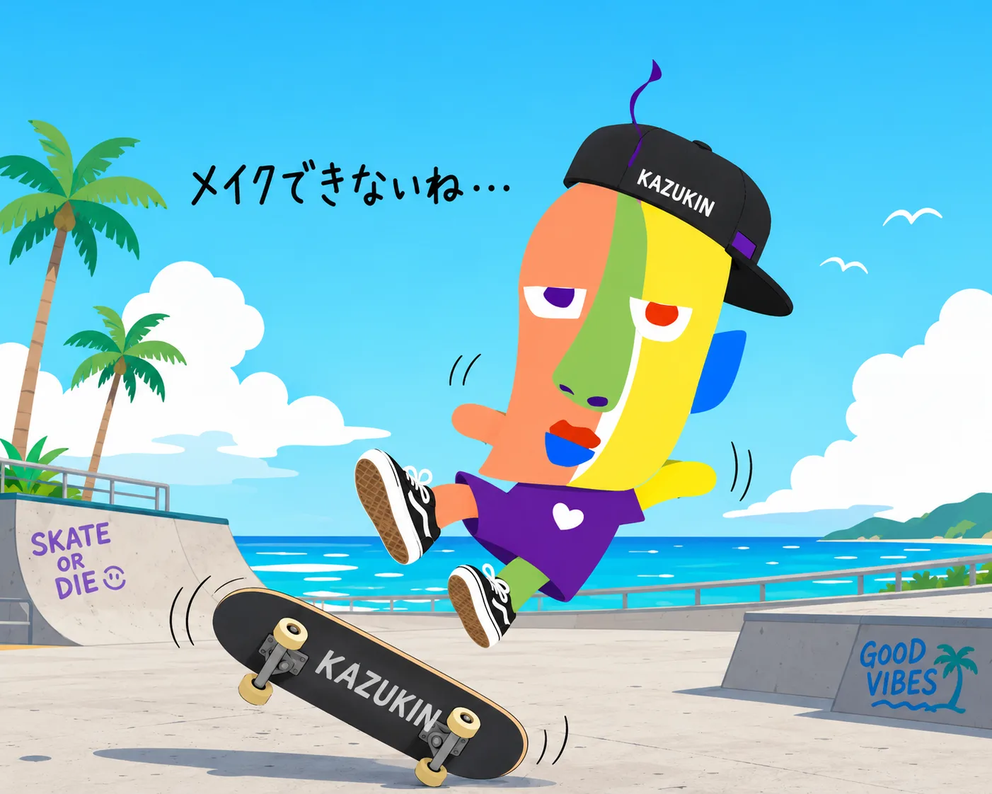 KAZUKIN at a seaside skatepark, airborne after failing a kickflip. “I can't make it...”