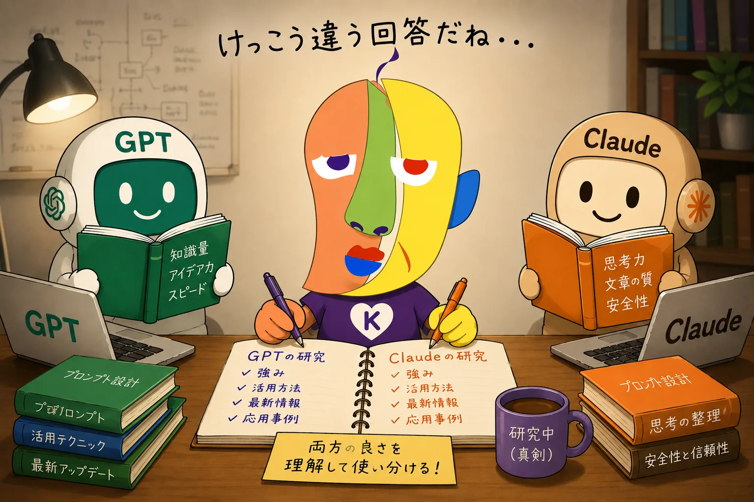 KAZUKIN between GPT and Claude robots, writing a research notebook on each