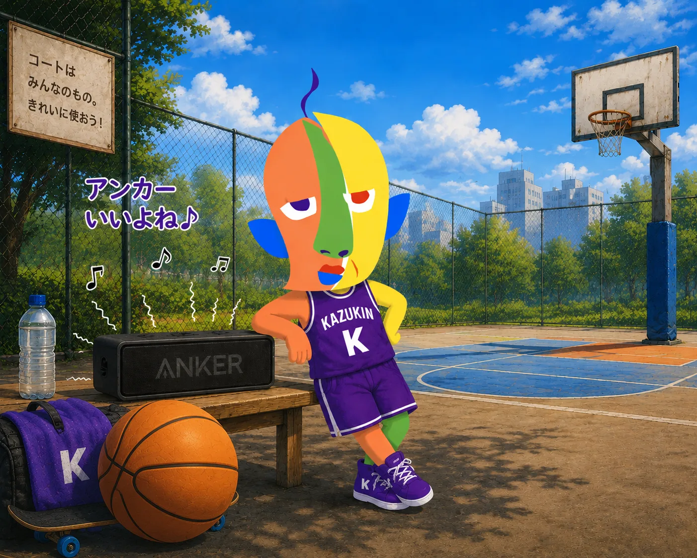 KAZUKIN leaning against a bench on an outdoor basketball court, wearing a “KAZUKIN” jersey, with an Anker portable speaker on the bench playing music notes. A basketball hoop stands at the back, and a fence sign reads “The court belongs to everyone. Keep it clean!”