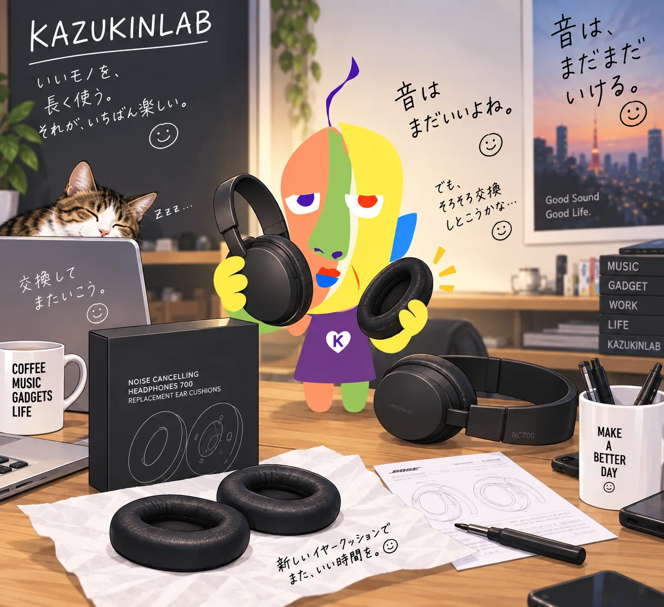 KAZUKIN at a desk holding the ear pads of a BOSE NC700 in both hands, thinking “But maybe it's time to replace them...” A blackboard in the back reads “Use good things for a long time. That's the most fun.” In front: a box of replacement ear cushions for BOSE Noise Cancelling Headphones 700, two new cushions, a receipt and a screwdriver, with a cat sleeping on the laptop.