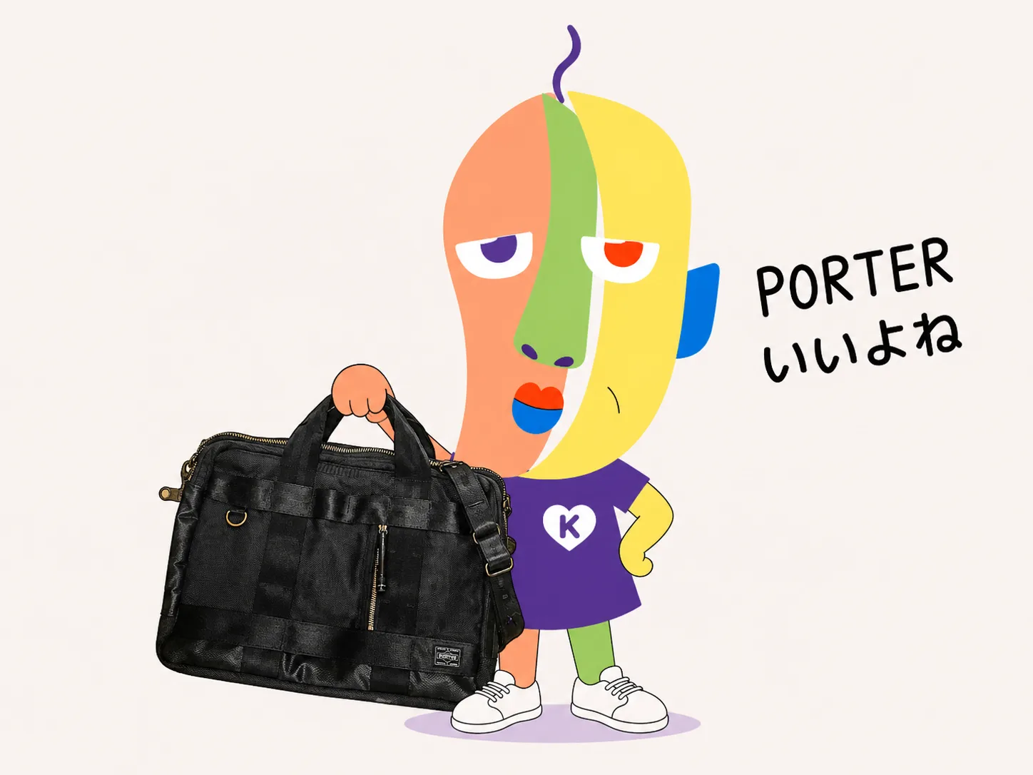 PORTER HEAT 3WAYのブリーフケースの隣に立つKAZUKIN。「PORTERいいよね」の手書き文字入り