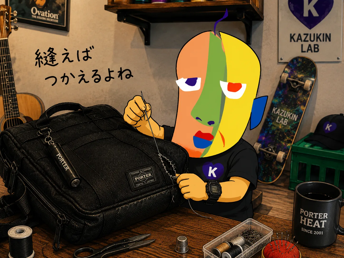 裂けたPORTERのバッグを、針と糸で自分で縫って直すKAZUKIN