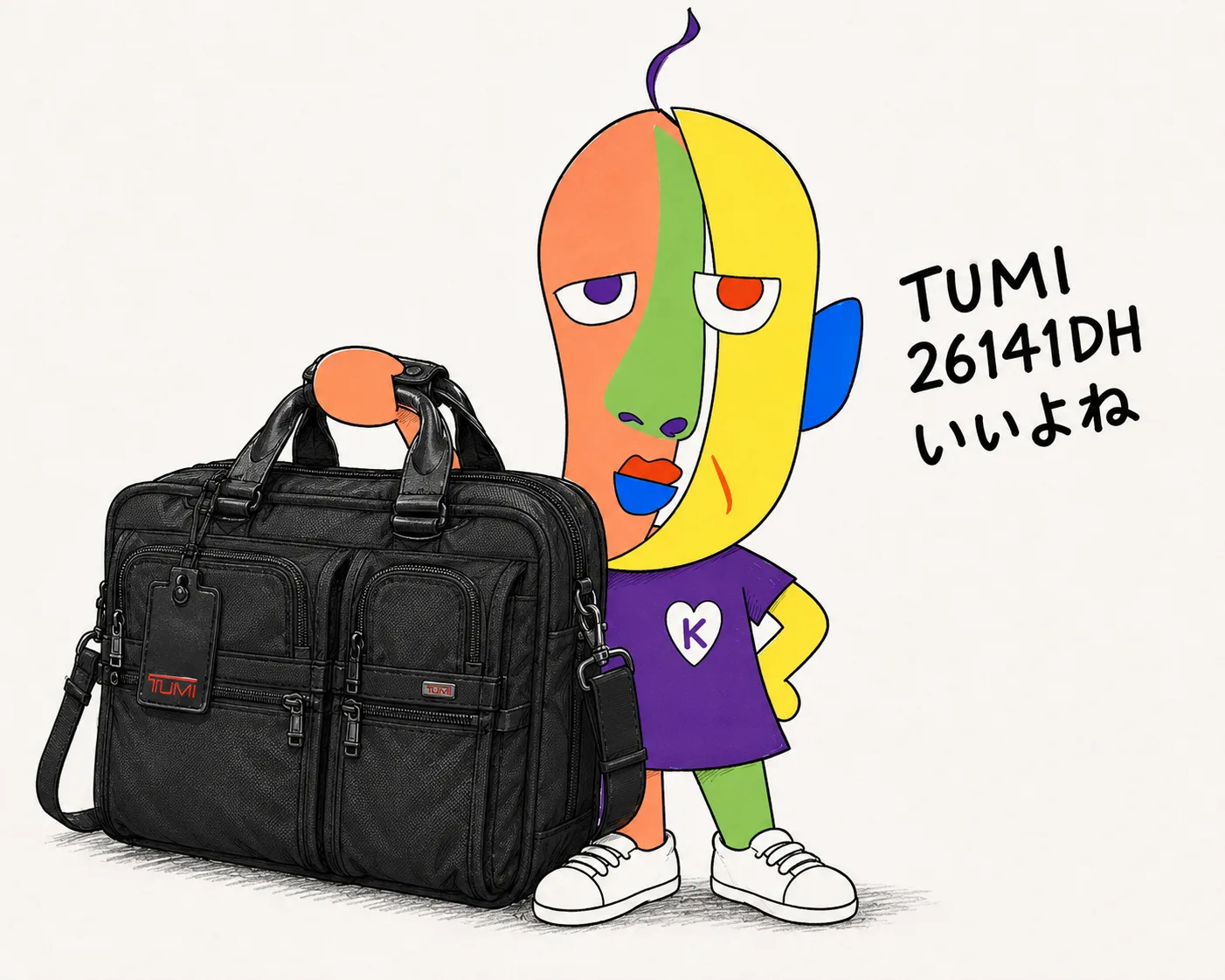 TUMI 26141DHのブリーフケースの隣に立つKAZUKIN。「TUMI 26141DHいいよね」の手書き文字入り