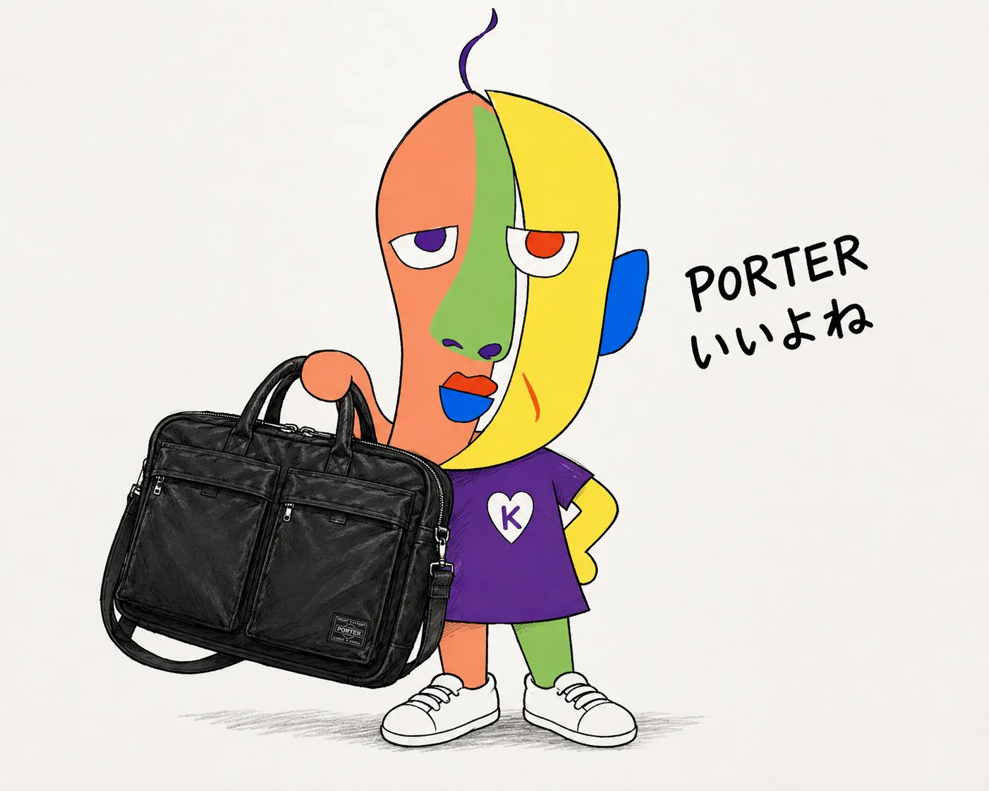 PORTER TANKER 2WAY BRIEFCASEを持つKAZUKIN。手書きで「PORTERいいよね」の文字入り