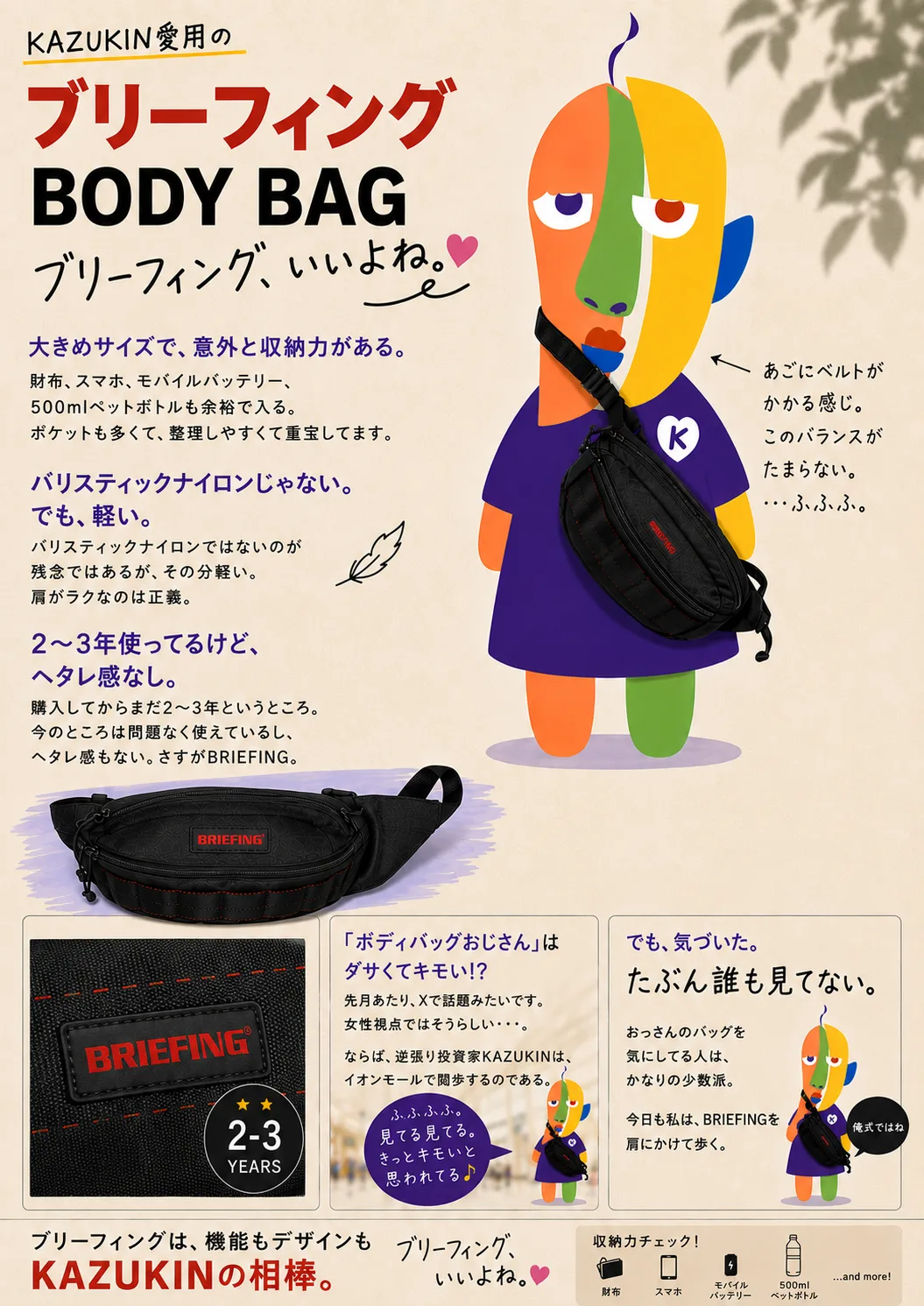 「KAZUKIN愛用の ブリーフィング BODY BAG」と書かれたポスター風の一枚。ボディバッグを掛けたKAZUKINのイラストと実物写真、収納力チェックや2〜3年使用のポイントが並んでいる