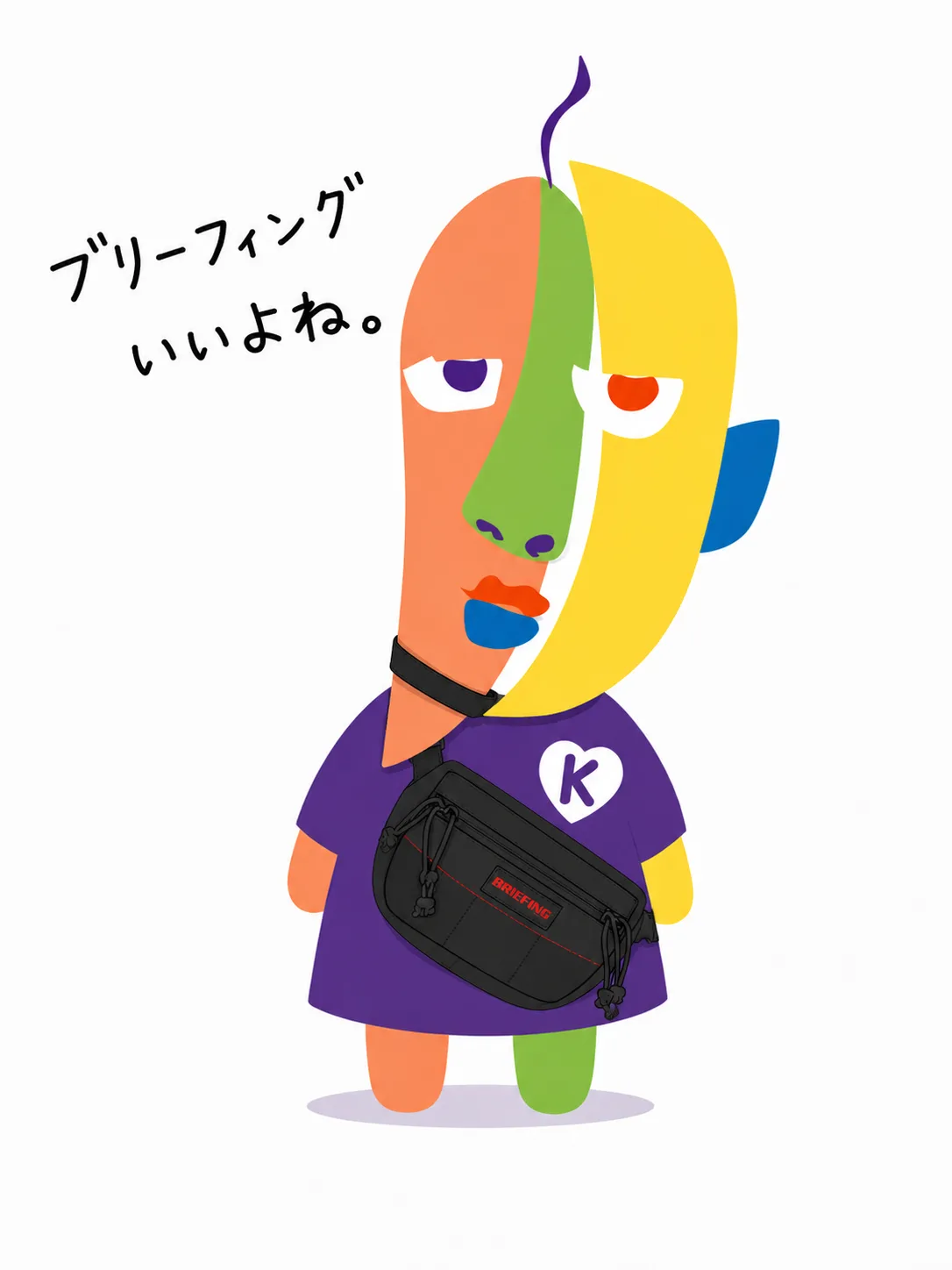 BRIEFINGのボディバッグを提げたKAZUKIN。「ブリーフィングいいよね」の手書き文字入り