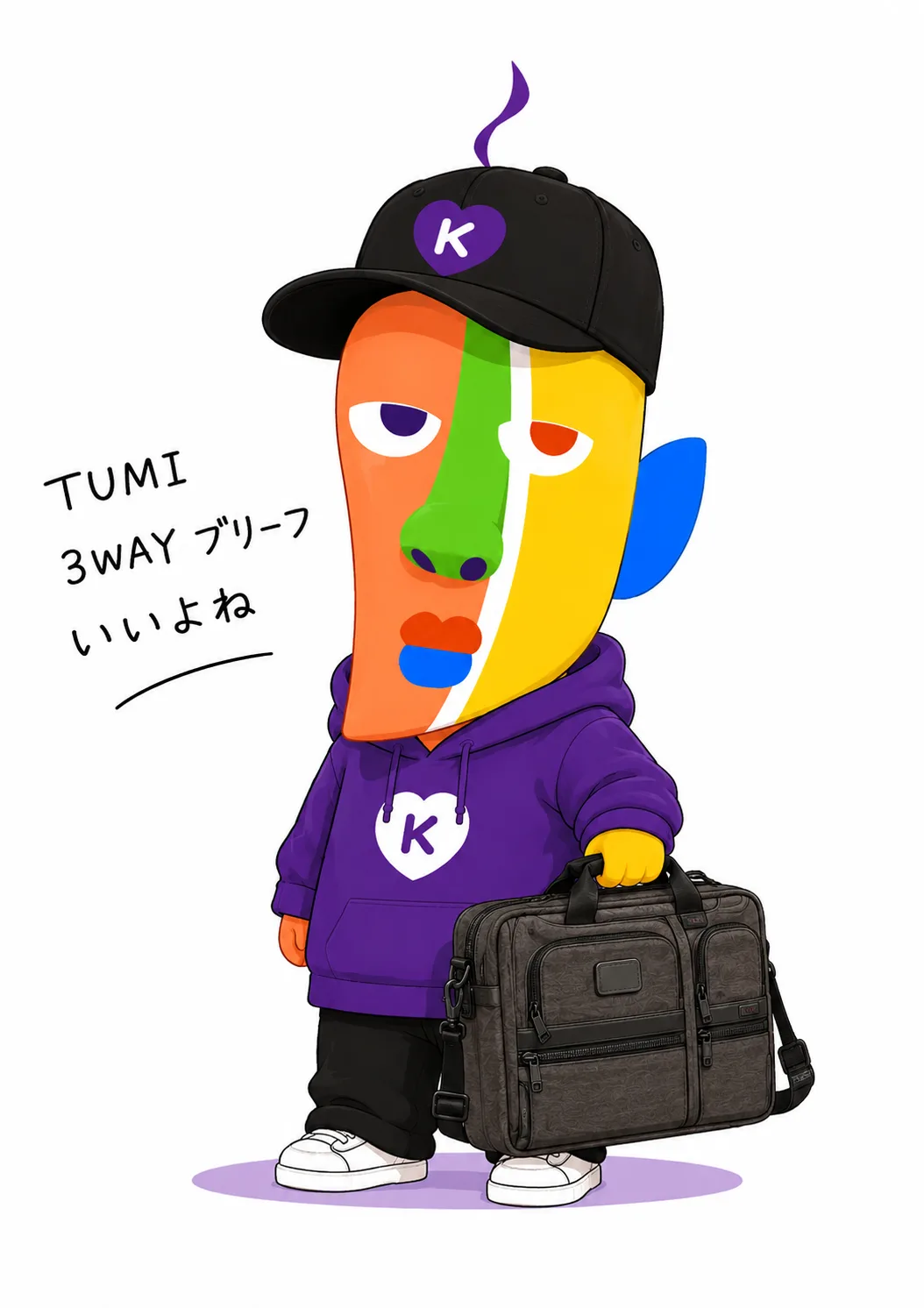 KAZUKIN standing holding a TUMI 3WAY briefcase 26180AT2E, with the handwritten “TUMI 3WAY briefcase is great, right?”