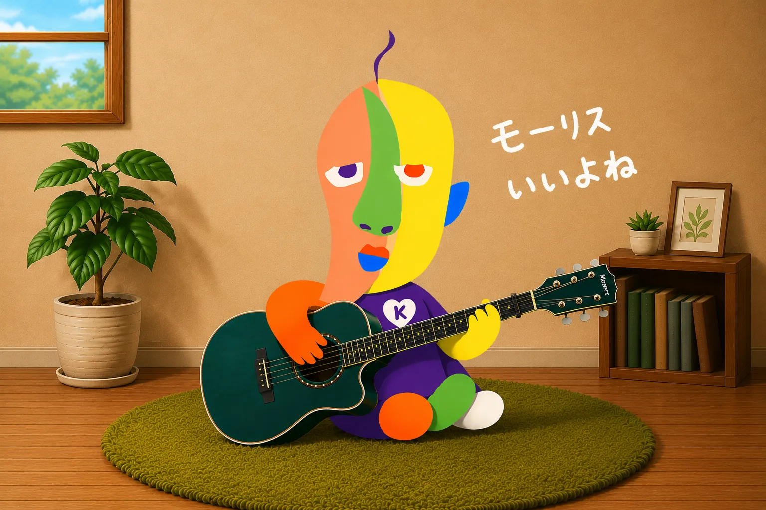 緑のラグの上でモーリスのエレアコを弾いているKAZUKIN