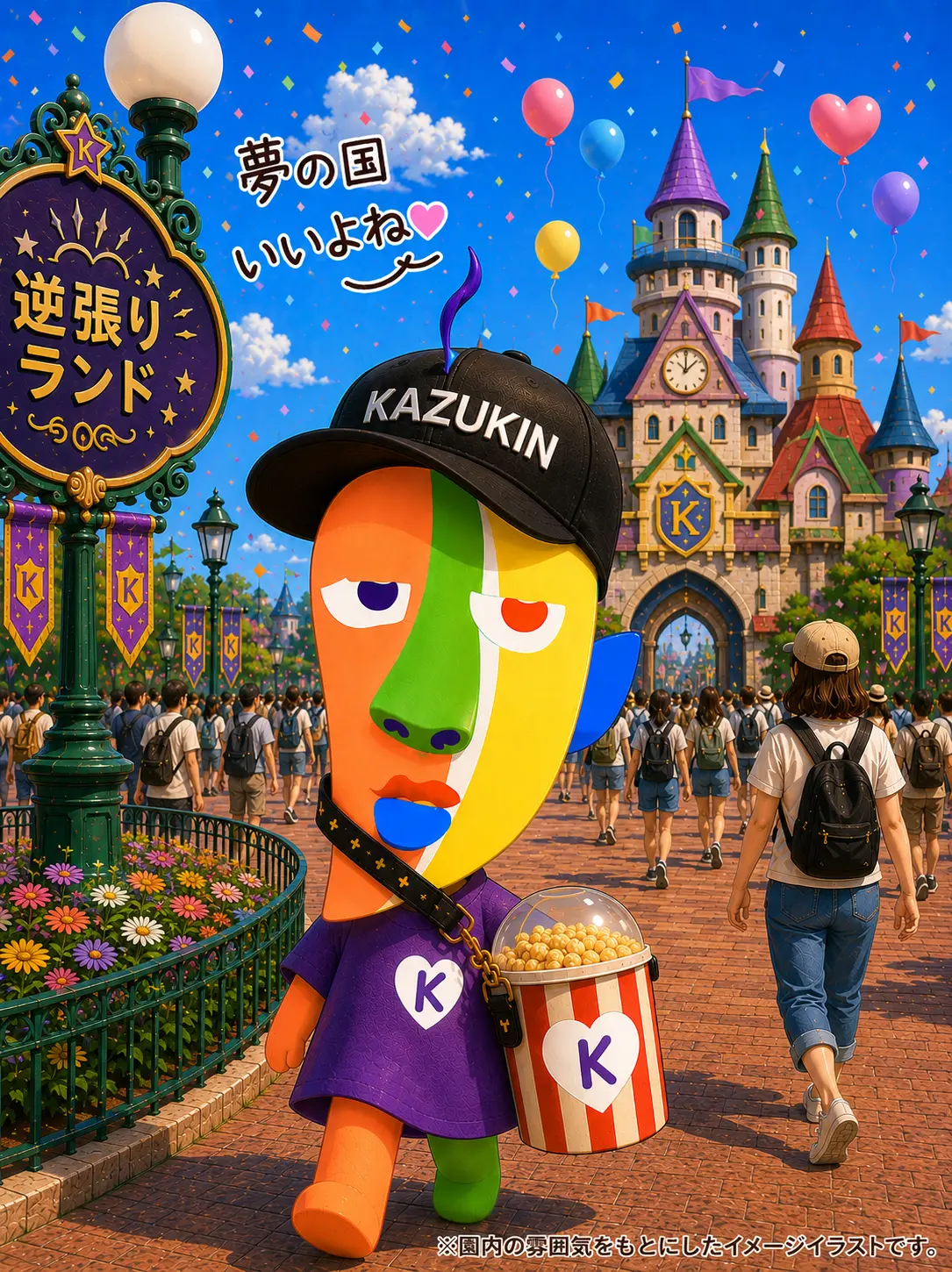 An illustration of KAZUKIN walking through an imaginary theme park called Contrarian Land