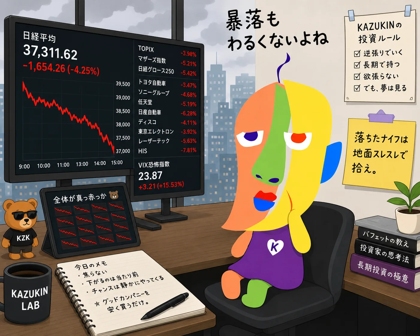 真っ赤に下落したチャートを眺めながら頬杖をつくKAZUKINのイラスト。壁にはKAZUKINの投資ルールと「落ちたナイフは地面スレスレで拾え。」の貼り紙。「暴落もわるくないよね」