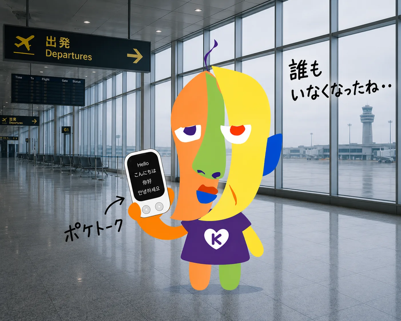 人けの消えた出発ロビーで、ポケトーク（POCKETALK）を片手に立ちつくすKAZUKINのイラスト。画面にはHello／こんにちは／你好／안녕하세요の多言語翻訳。「誰もいなくなったね‥」