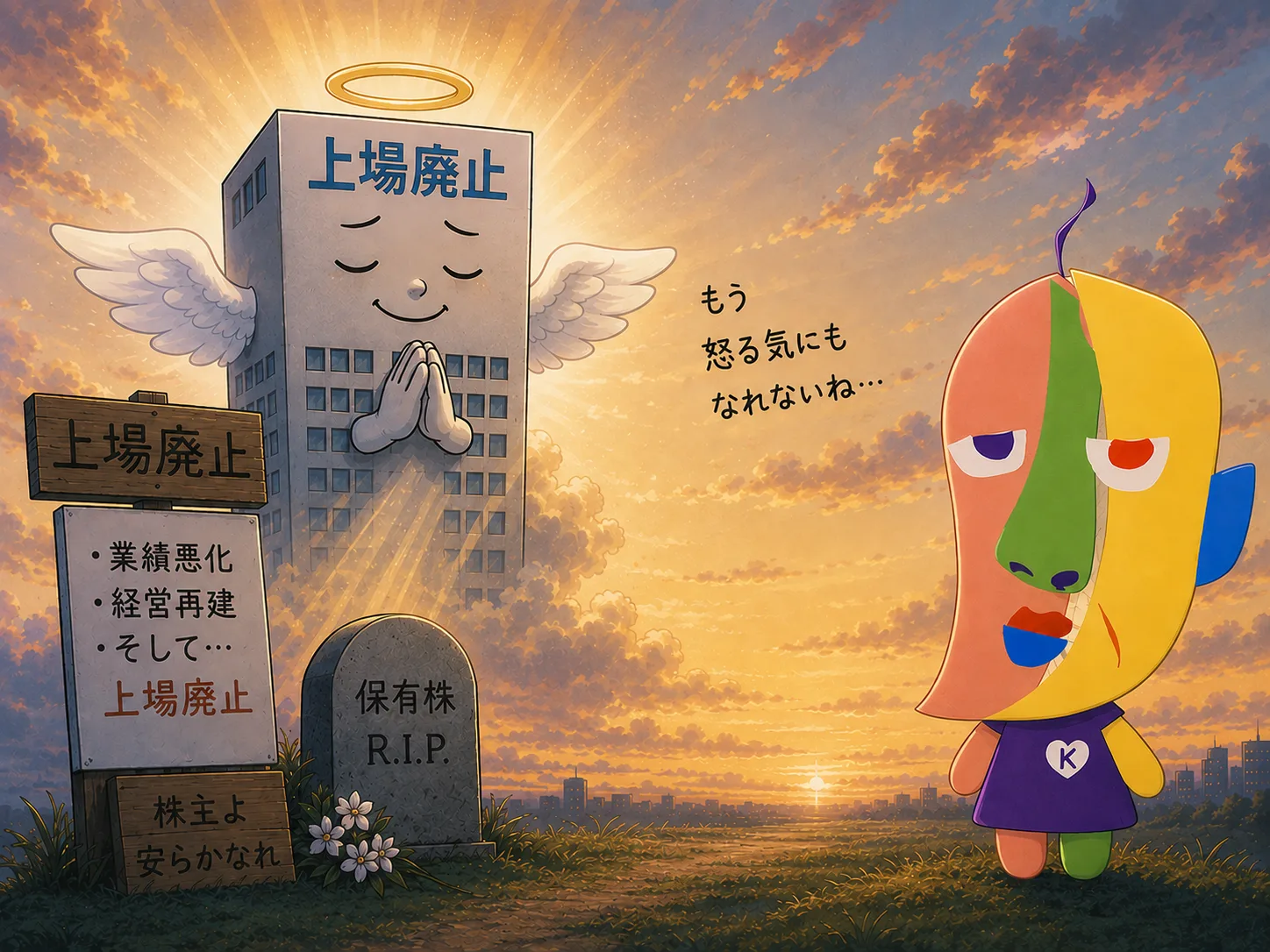 夕焼けの空へ、天使の羽と光輪をつけて昇っていく「上場廃止」と書かれたビルと、「業績悪化・経営再建・そして…上場廃止」「株主よ安らかなれ」の看板、「保有株 R.I.P.」の墓石。それを見送るKAZUKINのイラスト。「もう怒る気にもなれないね…」