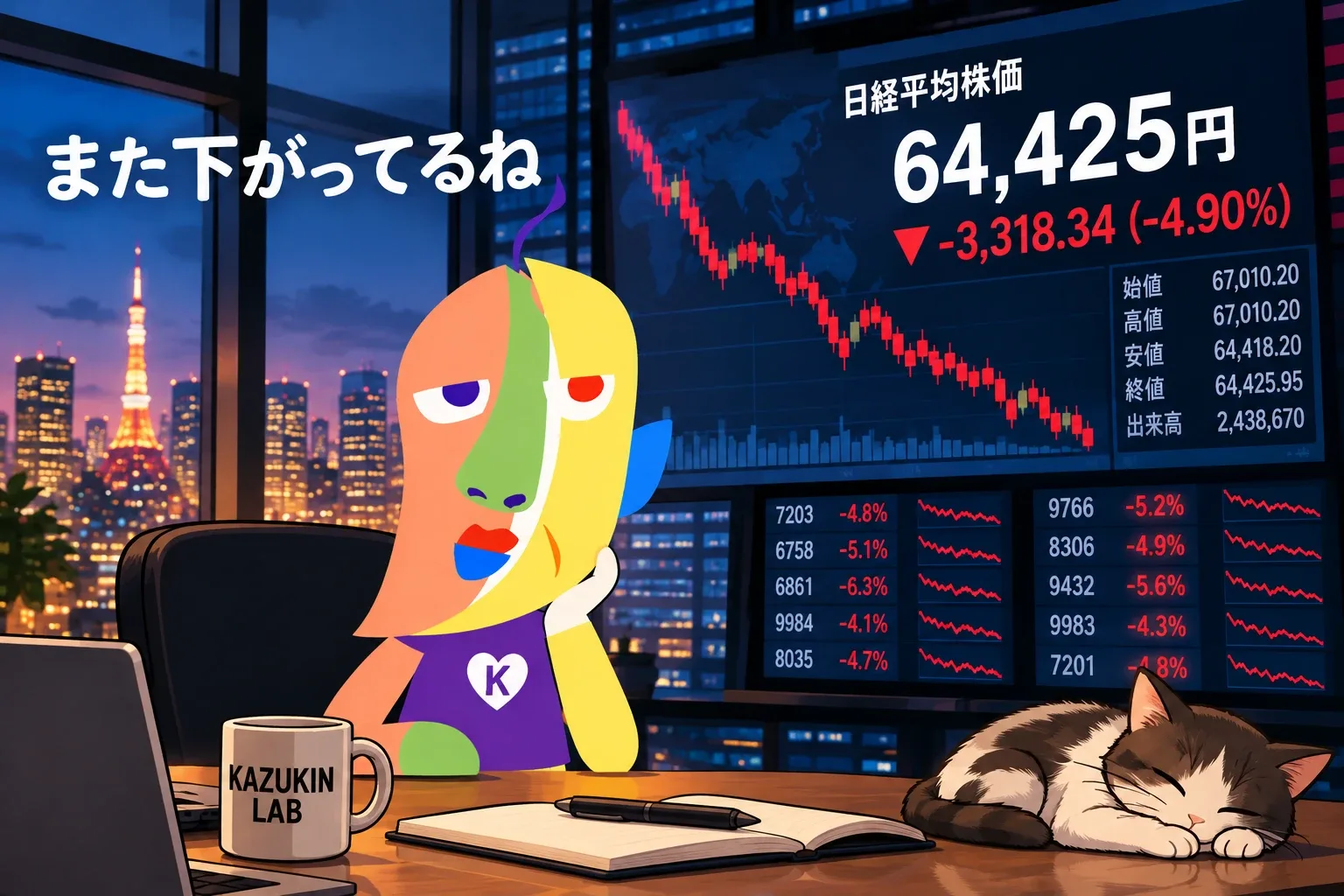 夜景の見えるオフィスで、日経平均株価の下落チャートを前に頬杖をつくKAZUKINのイラスト。机の上ではKAZUKIN LABのマグカップの隣で猫が眠っている。「また下がってるね」