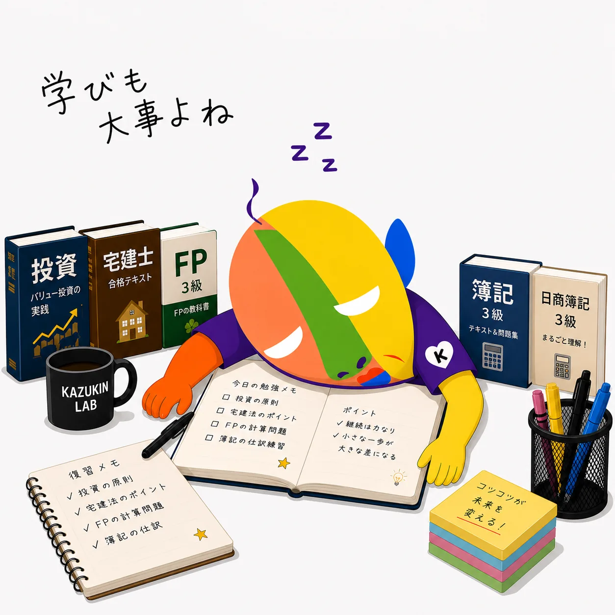 KAZUKIN asleep on top of a textbook in the middle of studying