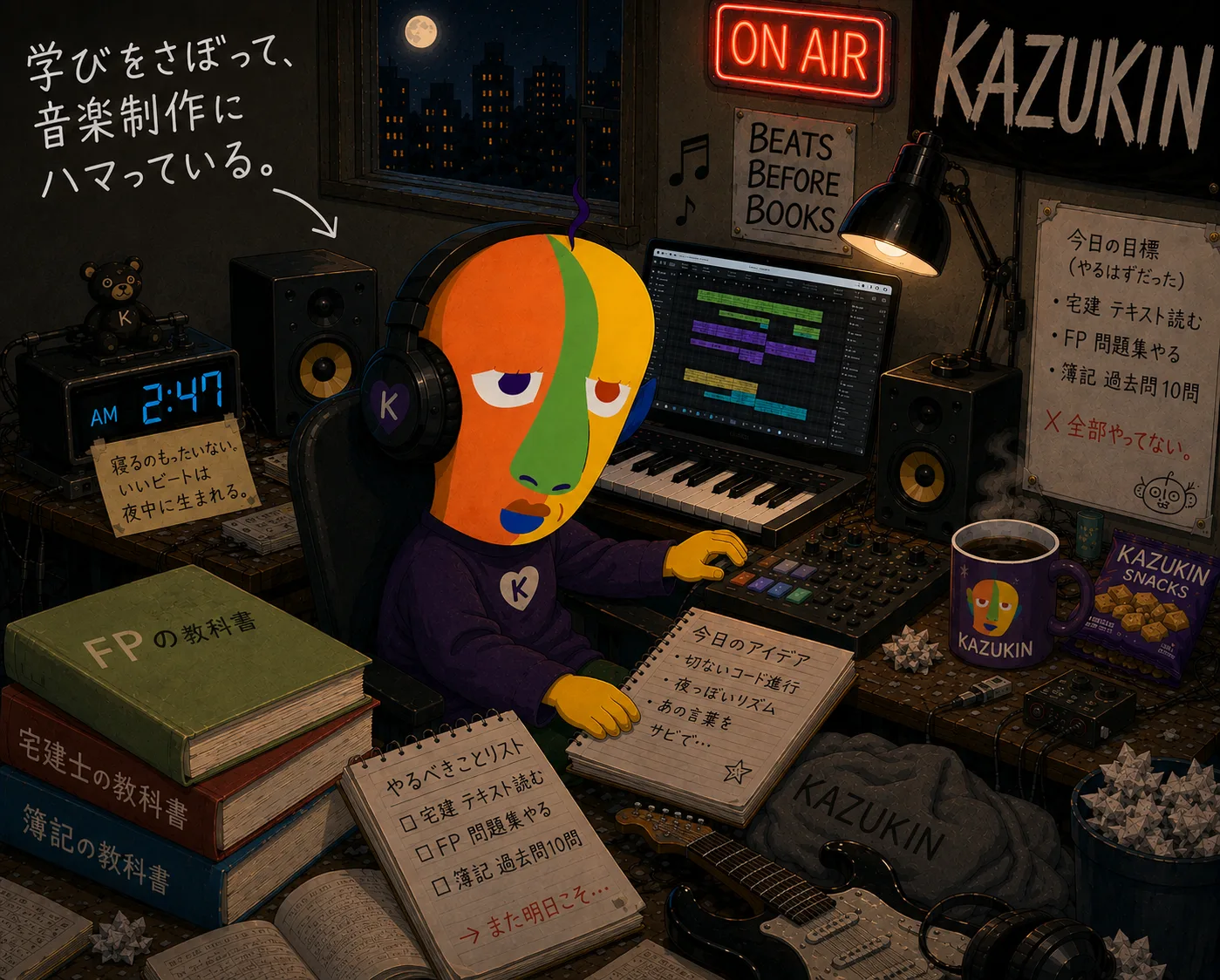 KAZUKIN late at night at music-production software, surrounded by qualification textbooks and a to-do list. On the wall, handwritten: “Slacking on learning, hooked on making music.” A “KAZUKIN” logo, and “KAZUKIN” on the mug too.