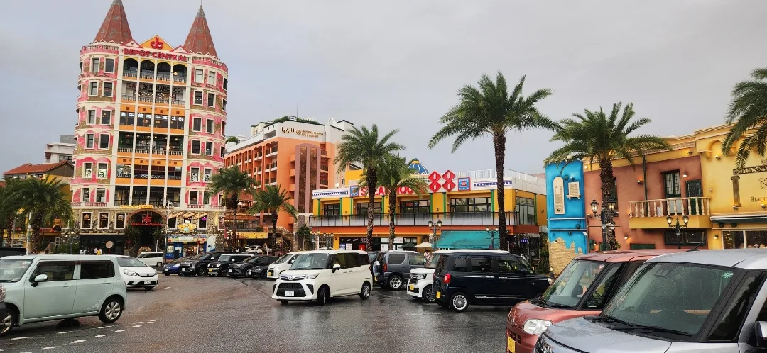 Colorful buildings and palm trees at American Village