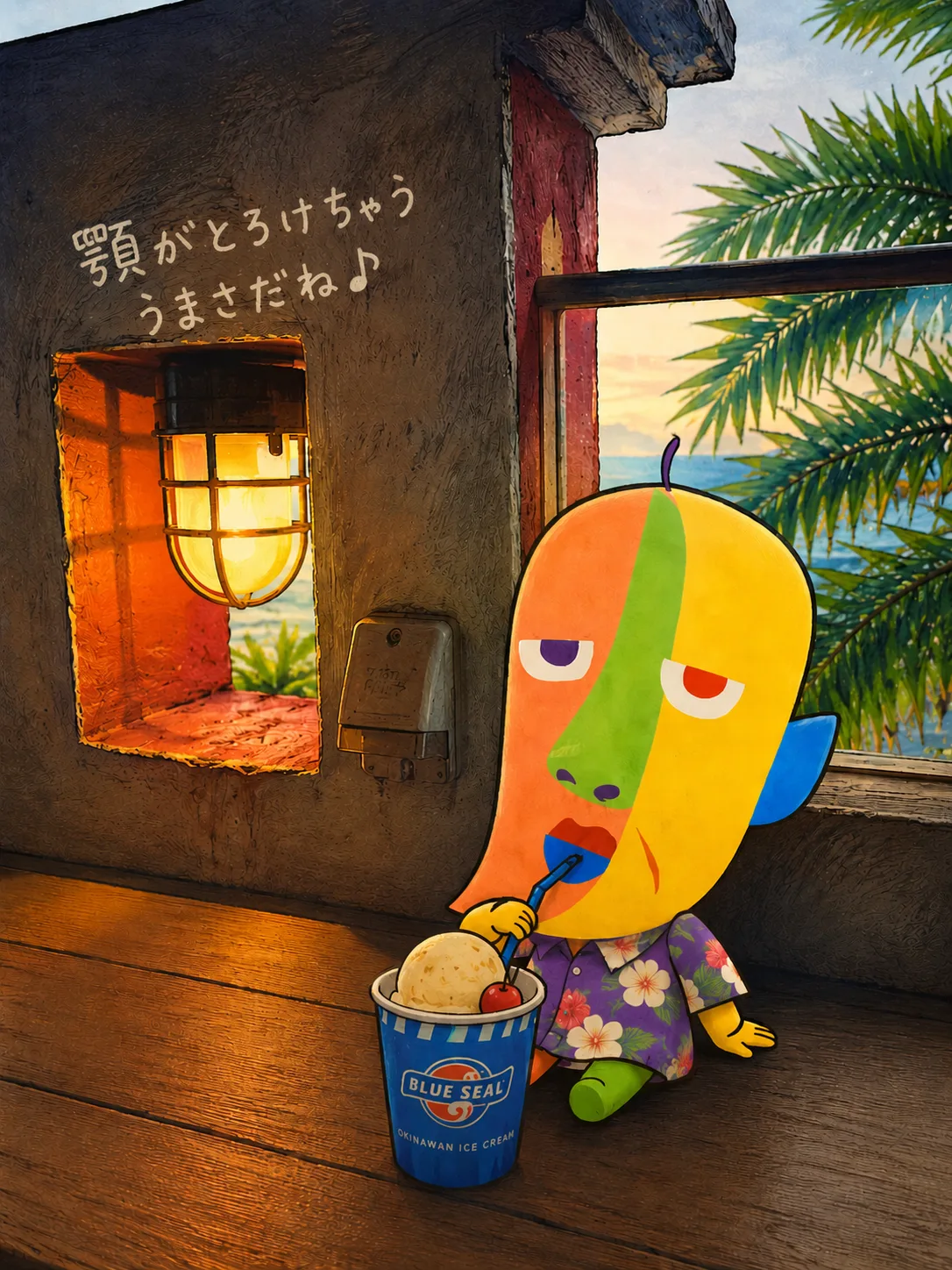 KAZUKIN in an aloha shirt eating Blue Seal ice cream by a window at dusk. “It's so good my jaw is melting♪”