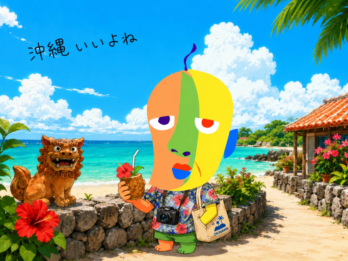 KAZUKIN in an aloha shirt holding a pineapple drink next to a shisa statue. “Okinawa is great, right?”