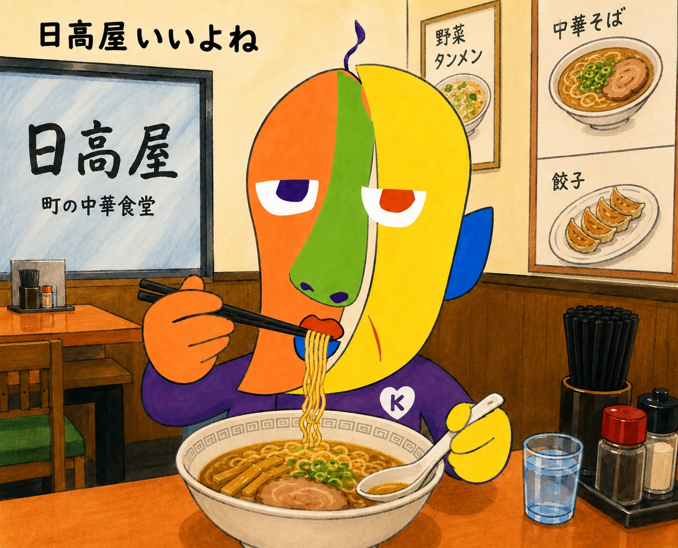 日高屋で中華そばをすするKAZUKINのイラスト。壁には「日高屋 町の中華食堂」の看板と、野菜タンメン・中華そば・餃子のメニュー写真。手書き文字で「日高屋いいよね」
