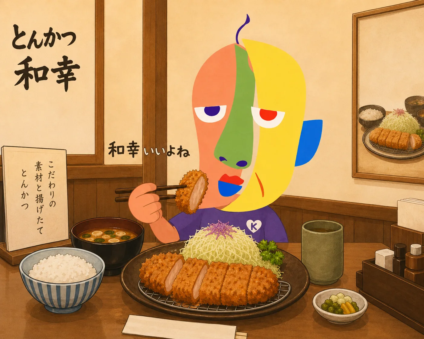 とんかつ和幸で定食を食べるKAZUKINのイラスト。箸でとんかつをつまみ、ごはん・みそ汁・山盛りキャベツが並ぶ。「和幸いいよね」