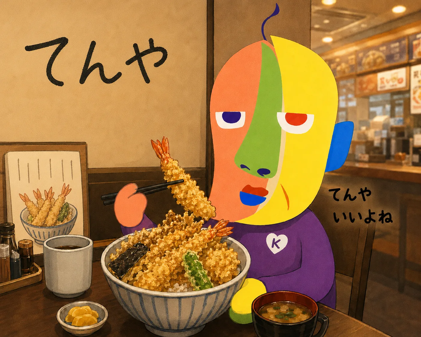 天丼てんやで天丼を食べるKAZUKINのイラスト。箸で大きなエビ天を持ち上げ、みそ汁と漬物が並ぶ。「てんやいいよね」