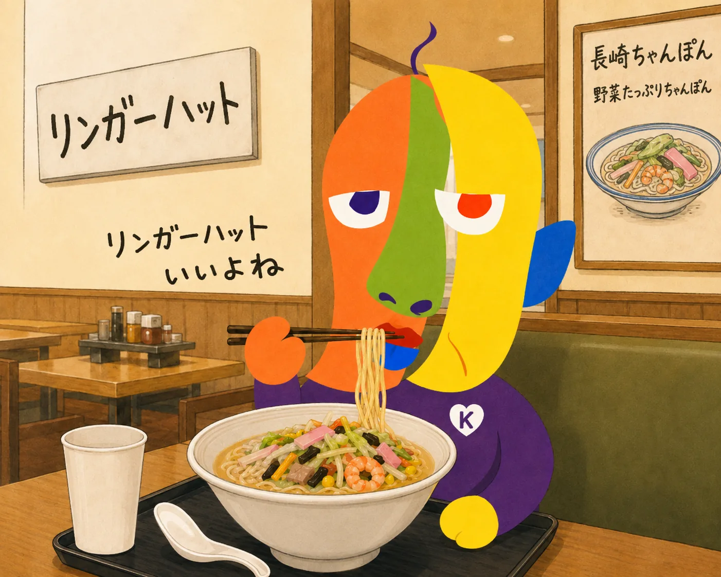リンガーハットでちゃんぽんをすするKAZUKINのイラスト。壁に長崎ちゃんぽんのメニューポスター。「リンガーハットいいよね」