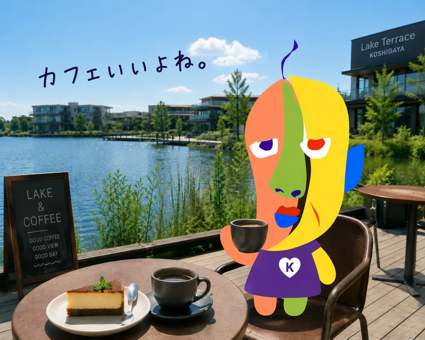 湖の見えるカフェテラスでコーヒーを飲むKAZUKINのイラスト。テーブルにはチーズケーキとコーヒー、空に手書きで「カフェいいよね。」