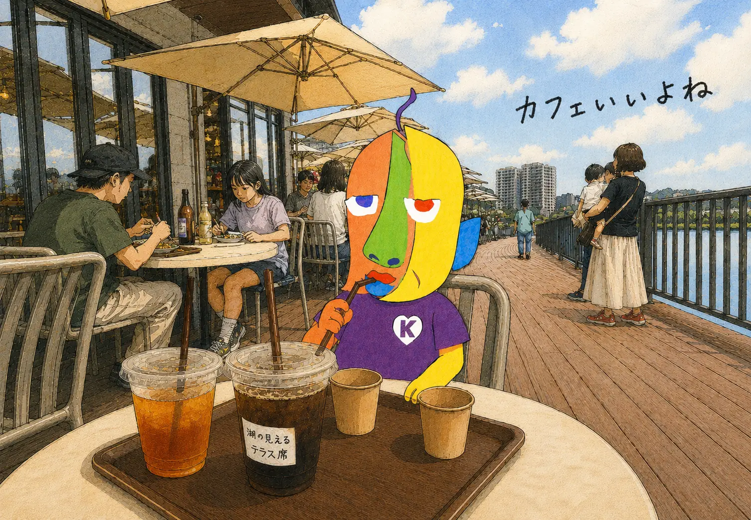 湖沿いのテラス席でアイスコーヒーを飲むKAZUKINのイラスト。トレイのカップに「湖の見える テラス席」の文字、空に手書きで「カフェいいよね」