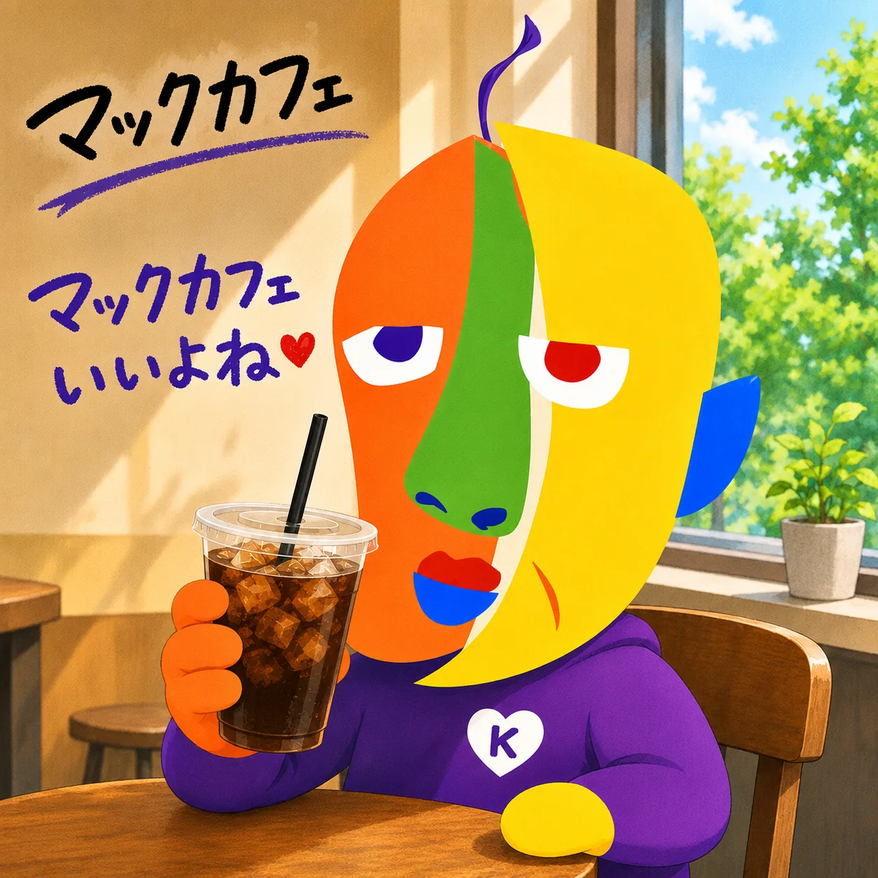 日の差す店内でアイスコーヒーを飲むKAZUKINのイラスト。壁に手書きで「マックカフェ」「マックカフェ いいよね」の文字