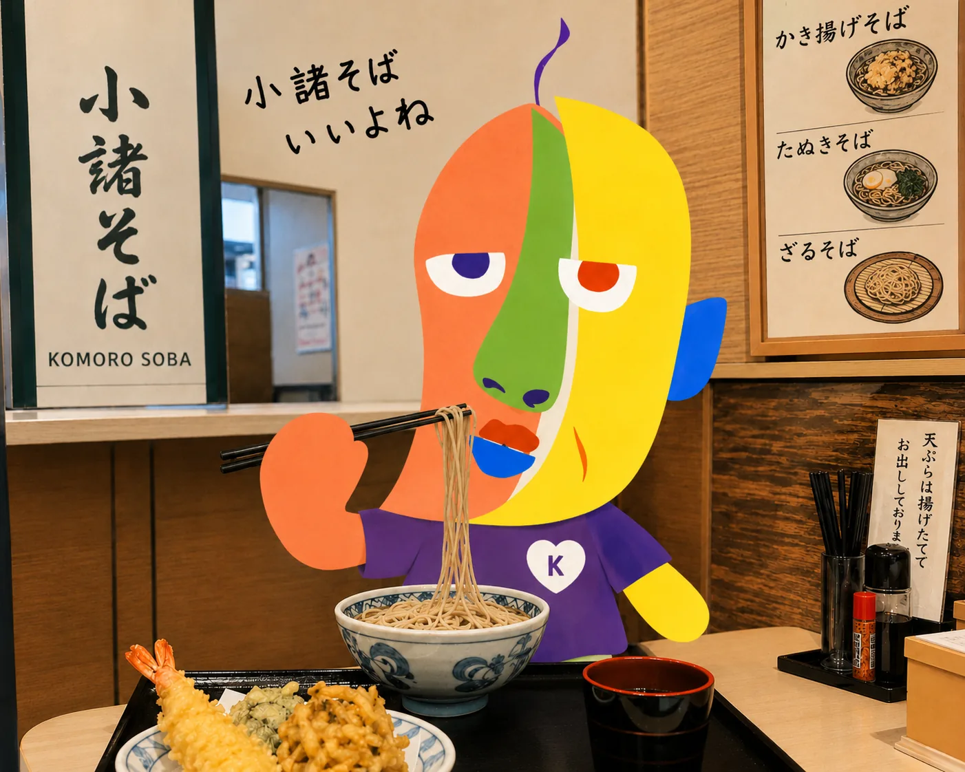 小諸そばの店内でざるそばを箸ですするKAZUKINのイラスト。壁に「小諸そば いいよね」の文字