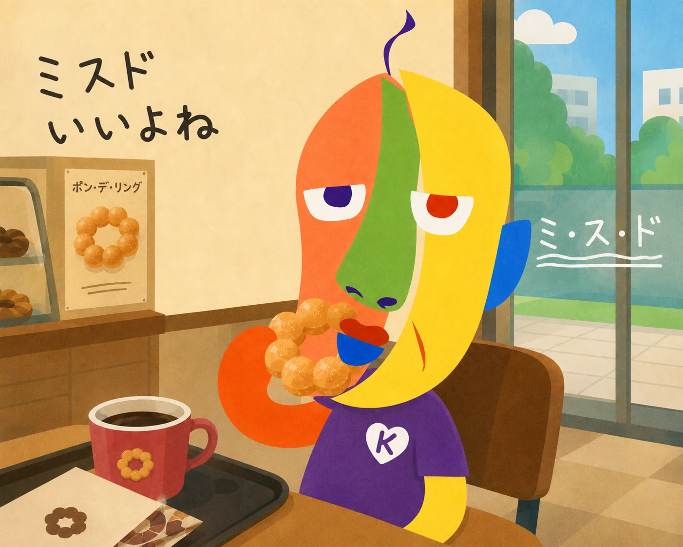 An illustration of KAZUKIN stuffing his mouth with a Pon de Ring inside a Mister Donut shop. Handwritten: “Mister Donut is great, right”