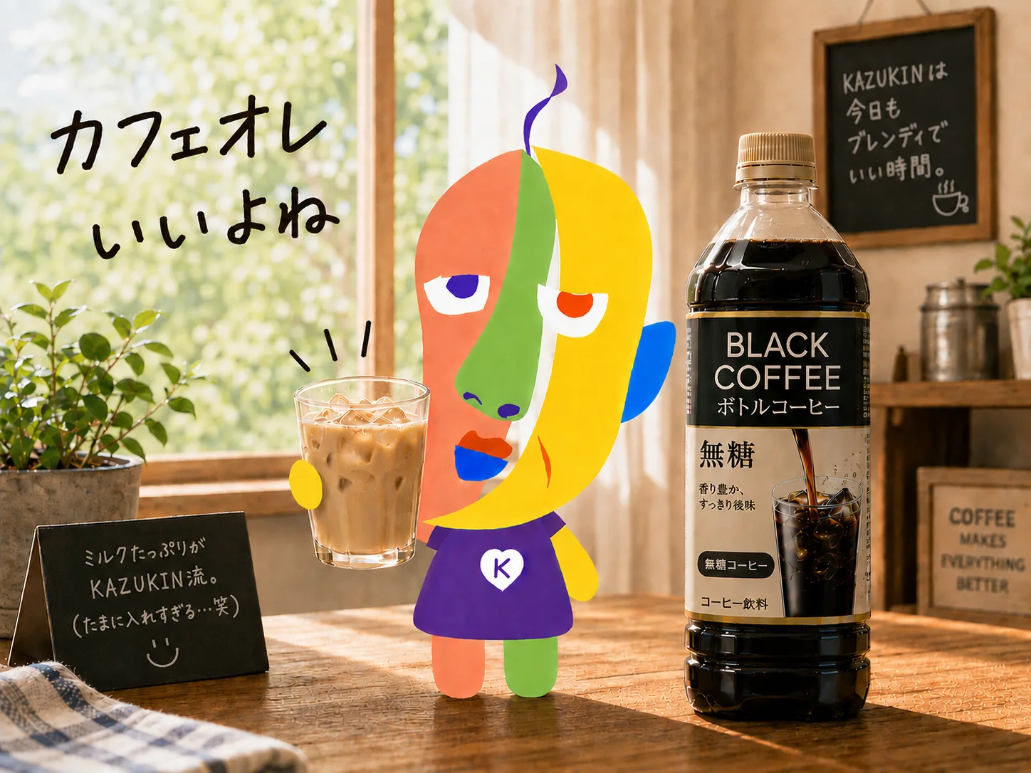 KAZUKIN lifting an iced cafe au lait, with bottled coffee. Handwritten: “Cafe au lait is great, right”