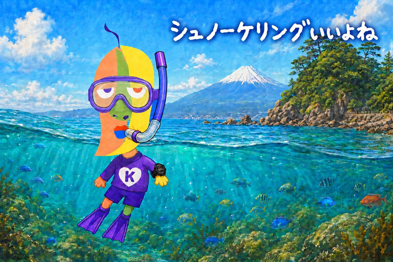 富士山を望む大瀬崎の海でシュノーケリングをするKAZUKIN。「シュノーケリングいいよね」の手書き文字