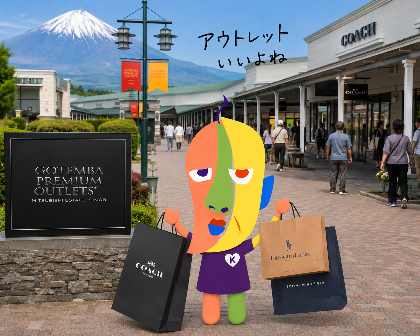 KAZUKIN holding a shopping bag at an outlet mall with Mount Fuji in view. Handwritten: “Outlet malls are great, right”