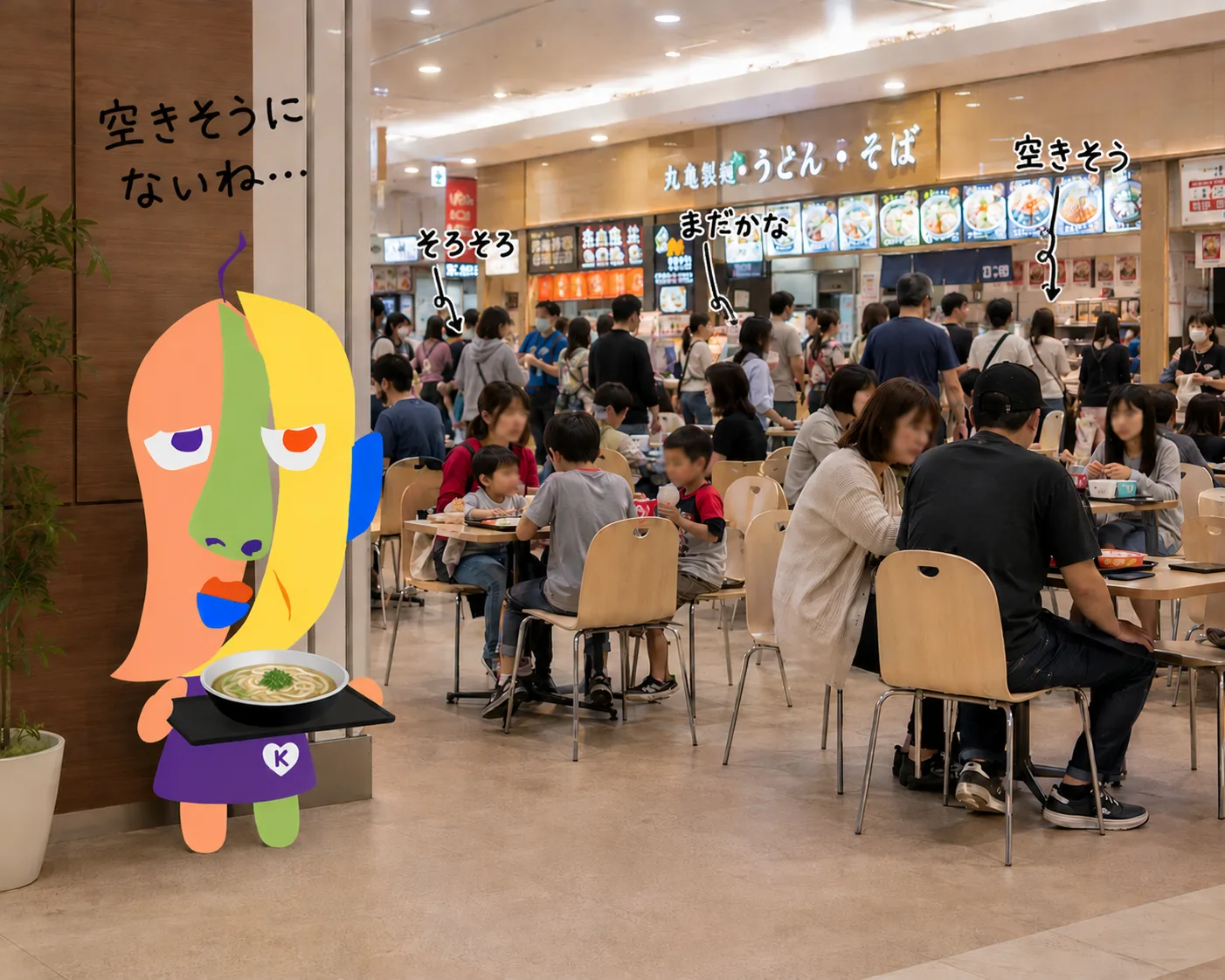 KAZUKIN holding a tray with udon, waiting for a seat. In the food court behind him, handwritten “Soon,” “Not yet?” and “Looks like one's opening up,” and on the wall: “Doesn't look like any will open...”