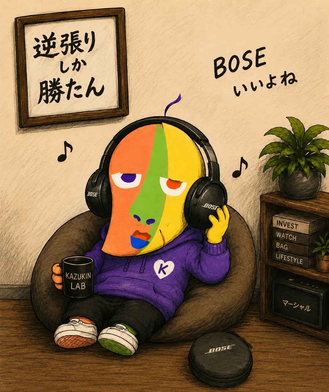 ビーズクッションでBOSE SoundLink AE2 Wirelessを装着し、KAZUKIN LABのマグカップを持つKAZUKINのイラスト。壁の額には「逆張りしか勝たん」、「BOSEいいよね」の手書き文字。