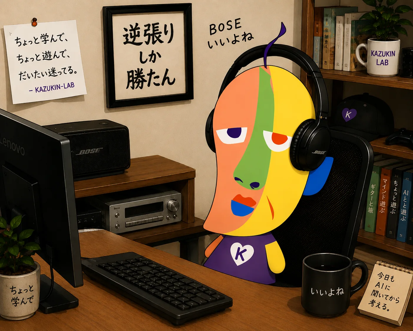 An illustration of KAZUKIN at a desk wearing BOSE NC700 headphones, facing a PC. A framed sign on the wall reads “Only contrarians win,” a memo reads “Learn a little, play a little, mostly lost. — KAZUKIN-LAB,” with handwritten “BOSE is great, right.”