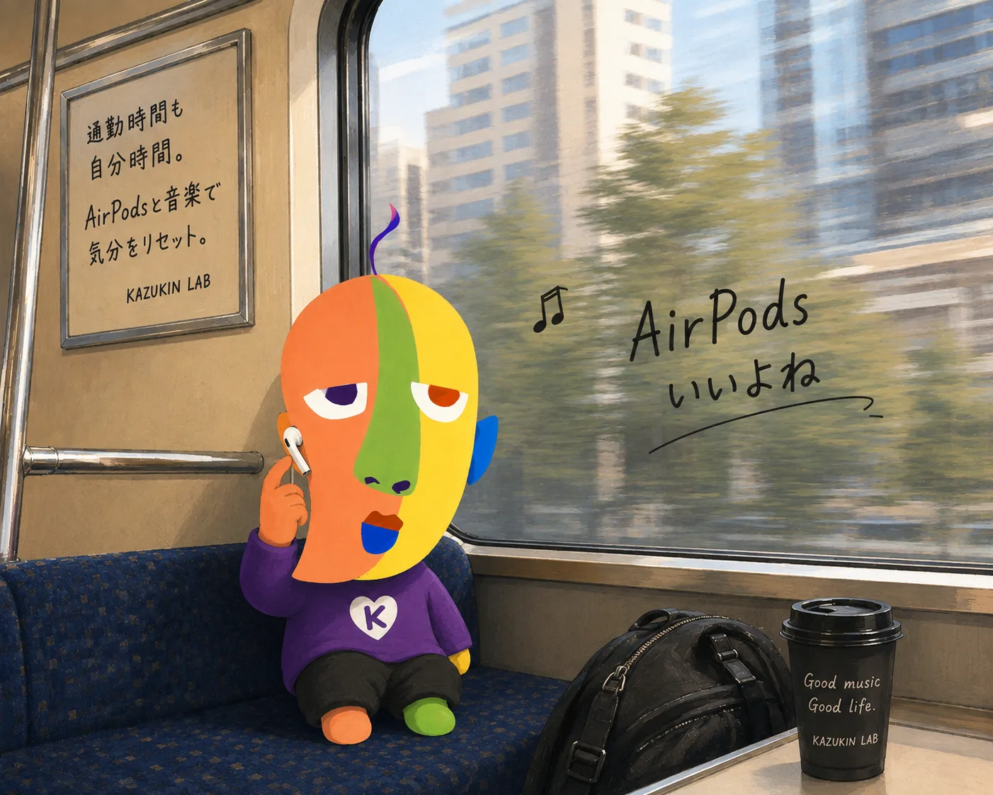 電車の座席でAirPodsを片耳に装着するKAZUKINのイラスト。車内広告には「通勤時間も自分時間。AirPodsと音楽で気分をリセット。KAZUKIN LAB」、窓には「AirPodsいいよね」の手書き文字。
