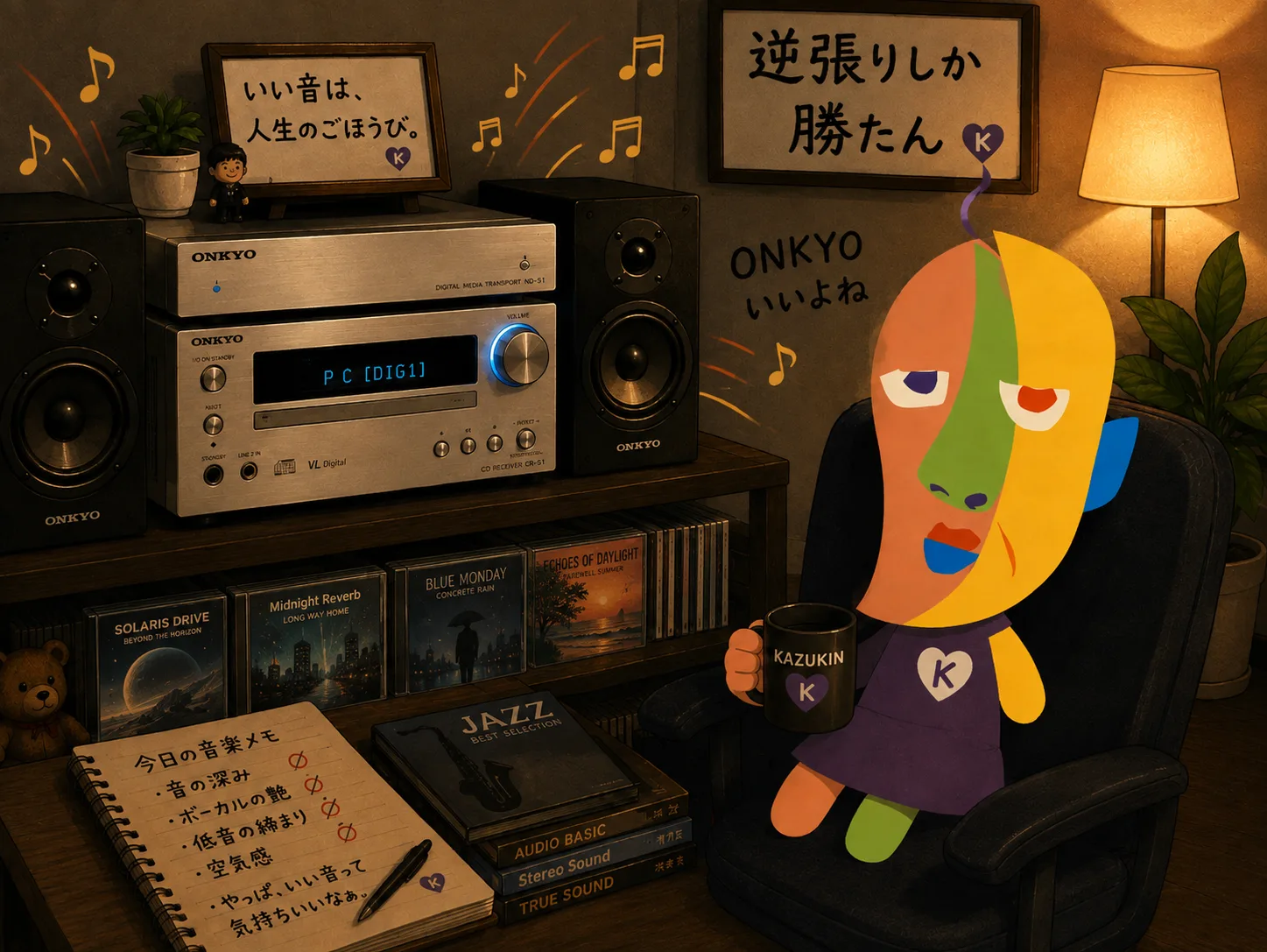 ONKYO INTEC S1のスピーカーとレシーバーの前でコーヒーを飲むKAZUKINのイラスト。壁の額には「逆張りしか勝たん」、小さな額には「いい音は、人生のごほうび。」、「ONKYOいいよね」の手書き文字。手前のノートには「今日の音楽メモ　音の深み　ボーカルの艶　低音の締まり　空気感　やっぱ、いい音って気持ちいいな。」と書かれている。