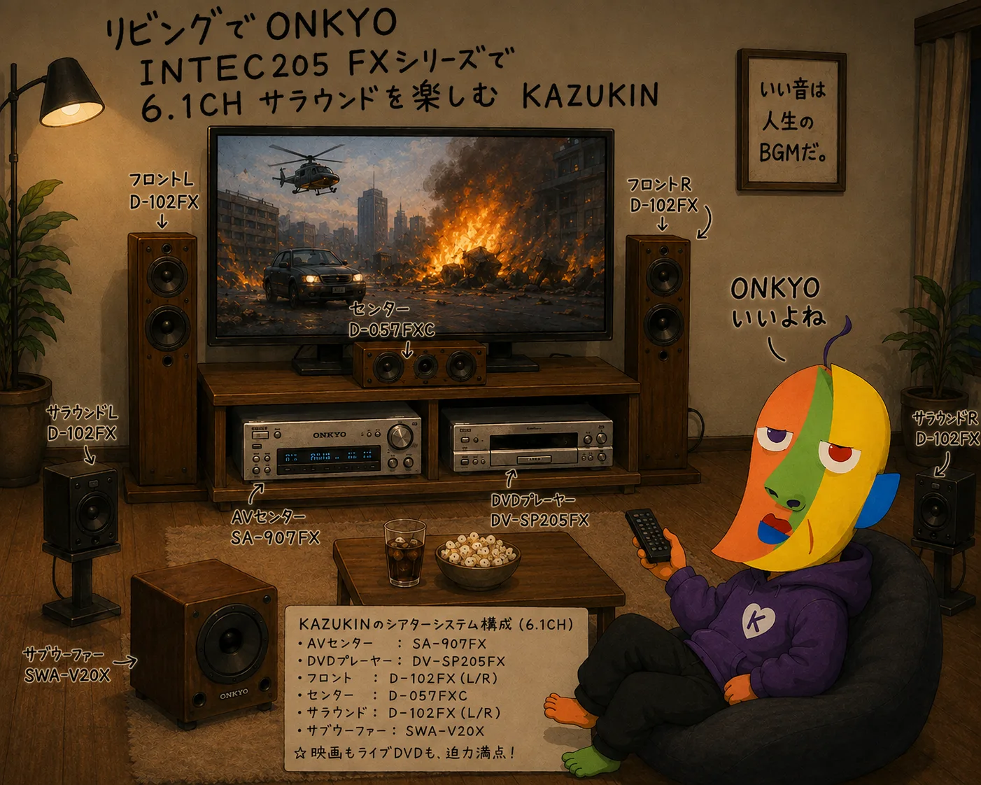 An illustration of KAZUKIN watching a movie on TV in his living room, surrounded by ONKYO INTEC205 FX series 6.1ch surround speakers. Model names for front L/R, center, surround L/R and subwoofer are shown with arrows, a frame reads “Good sound is the BGM of life,” and “ONKYO is great, right” is handwritten. A card in front lists KAZUKIN's theater system components.