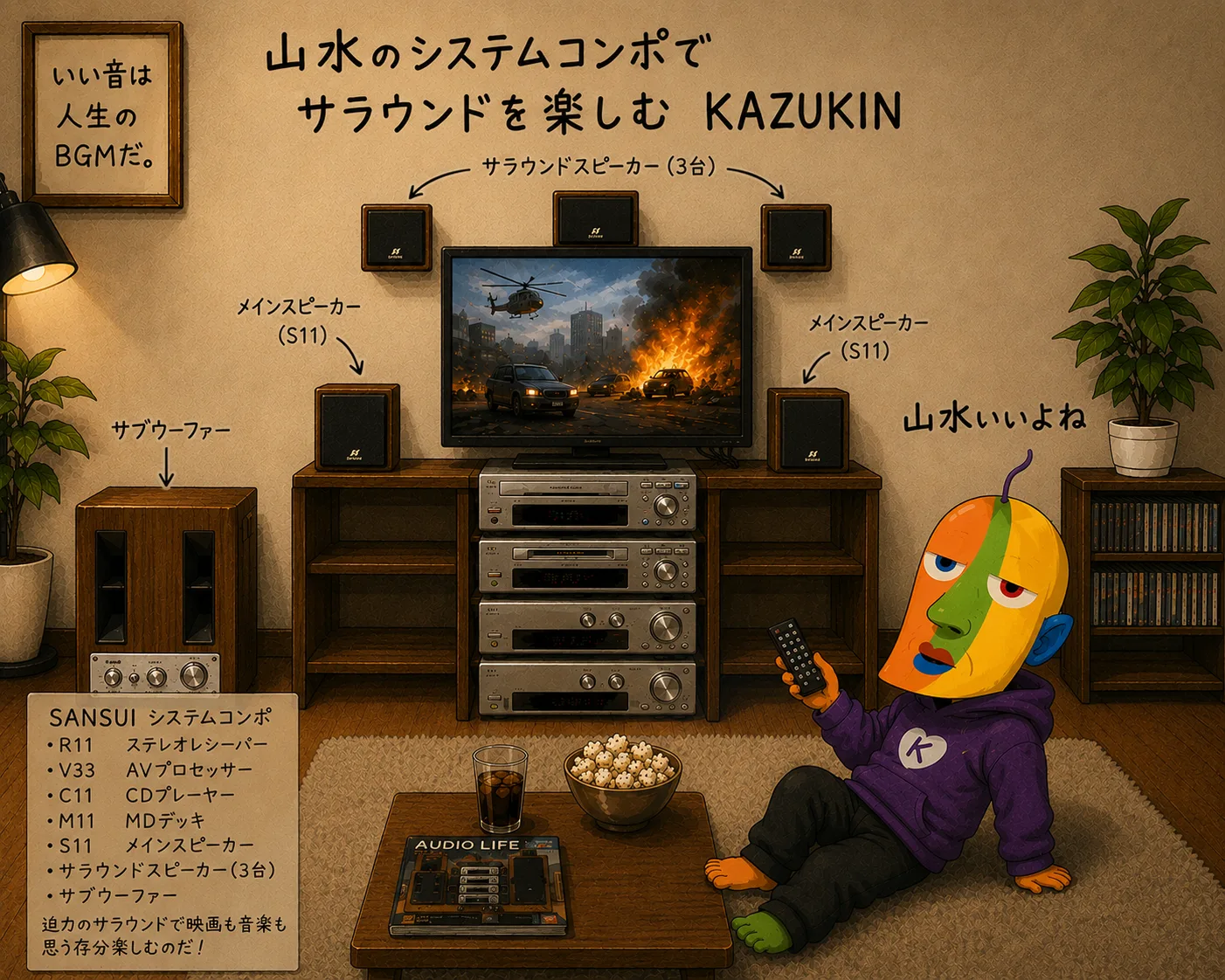 リビングでSANSUI（山水）のサラウンドミニコンポに囲まれ、テレビでヘリコプターと爆発の映像を観るKAZUKINのイラスト。メインスピーカー（S11）・サラウンドスピーカー3台・サブウーファーの配置が矢印付きで表示され、額には「いい音は人生のBGMだ。」、「山水いいよね」の手書き文字。手前のカードにはSANSUIシステムコンポの構成（R11ステレオレシーバー・V33 AVプロセッサー・C11 CDプレーヤー・M11 MDデッキ・S11メインスピーカー・サラウンドスピーカー3台・サブウーファー）が書かれている。
