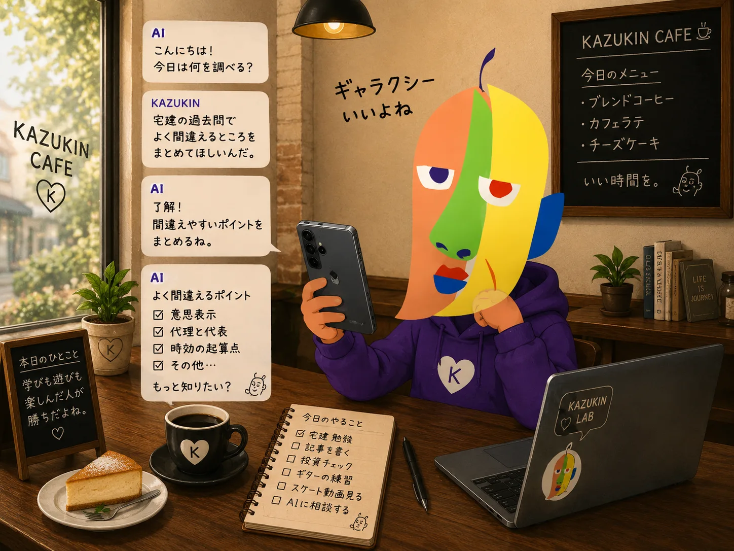 KAZUKIN CAFEでGalaxyのスマホを片手に、AIチャットで宅建の過去問について相談するKAZUKINのイラスト。黒板には「KAZUKIN CAFE」のメニュー、壁に手書きで「ギャラクシーいいよね」、ミニ黒板に「本日のひとこと 学びも遊びも楽しんだ人が勝ちだよね。」の文字。テーブルには今日のやることリストとチーズケーキ。