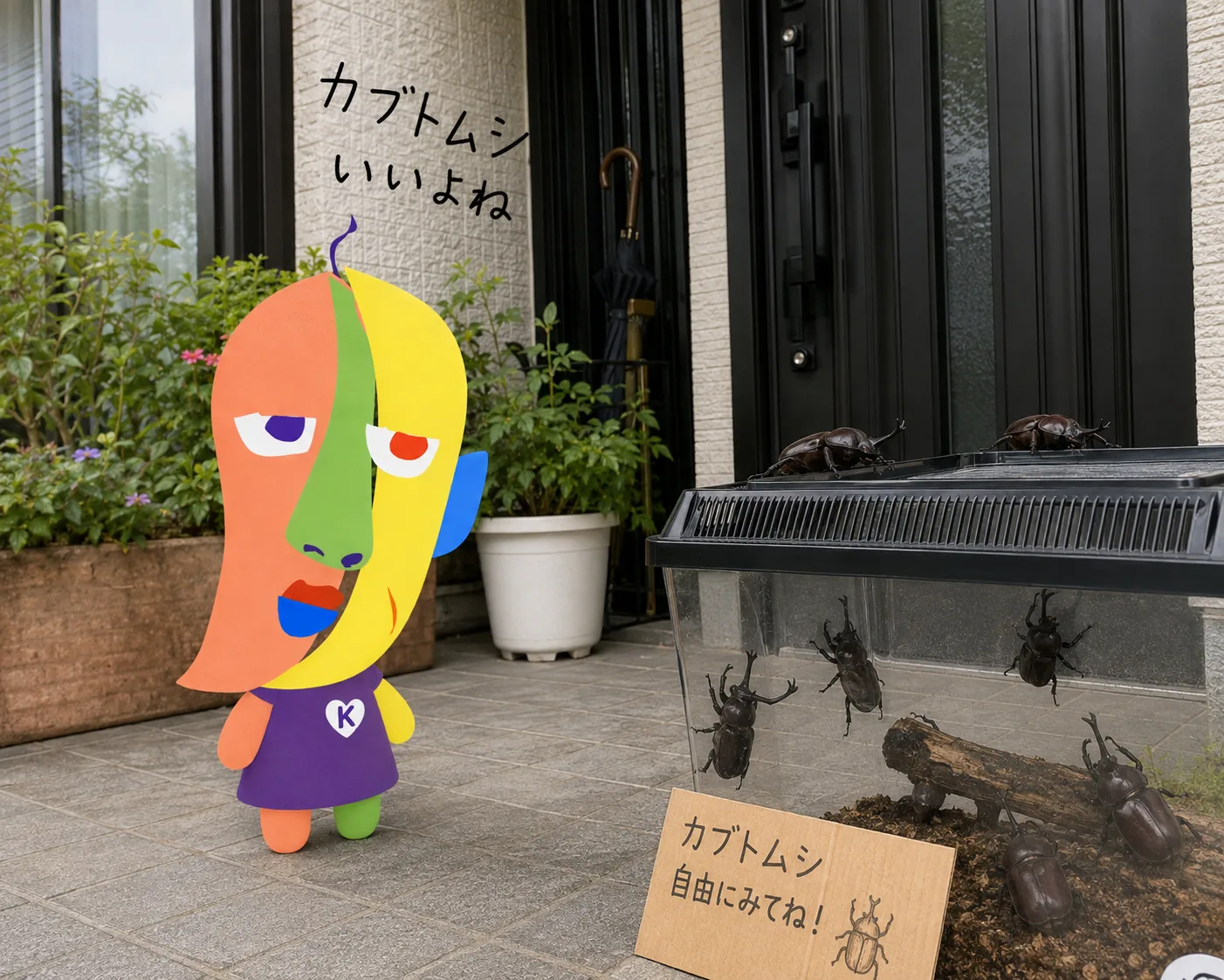玄関先で虫かごの中のカブトムシたちを見つめるKAZUKIN。段ボールの札に「カブトムシ　自由にみてね！」、壁には手書きで「カブトムシ　いいよね」の文字。