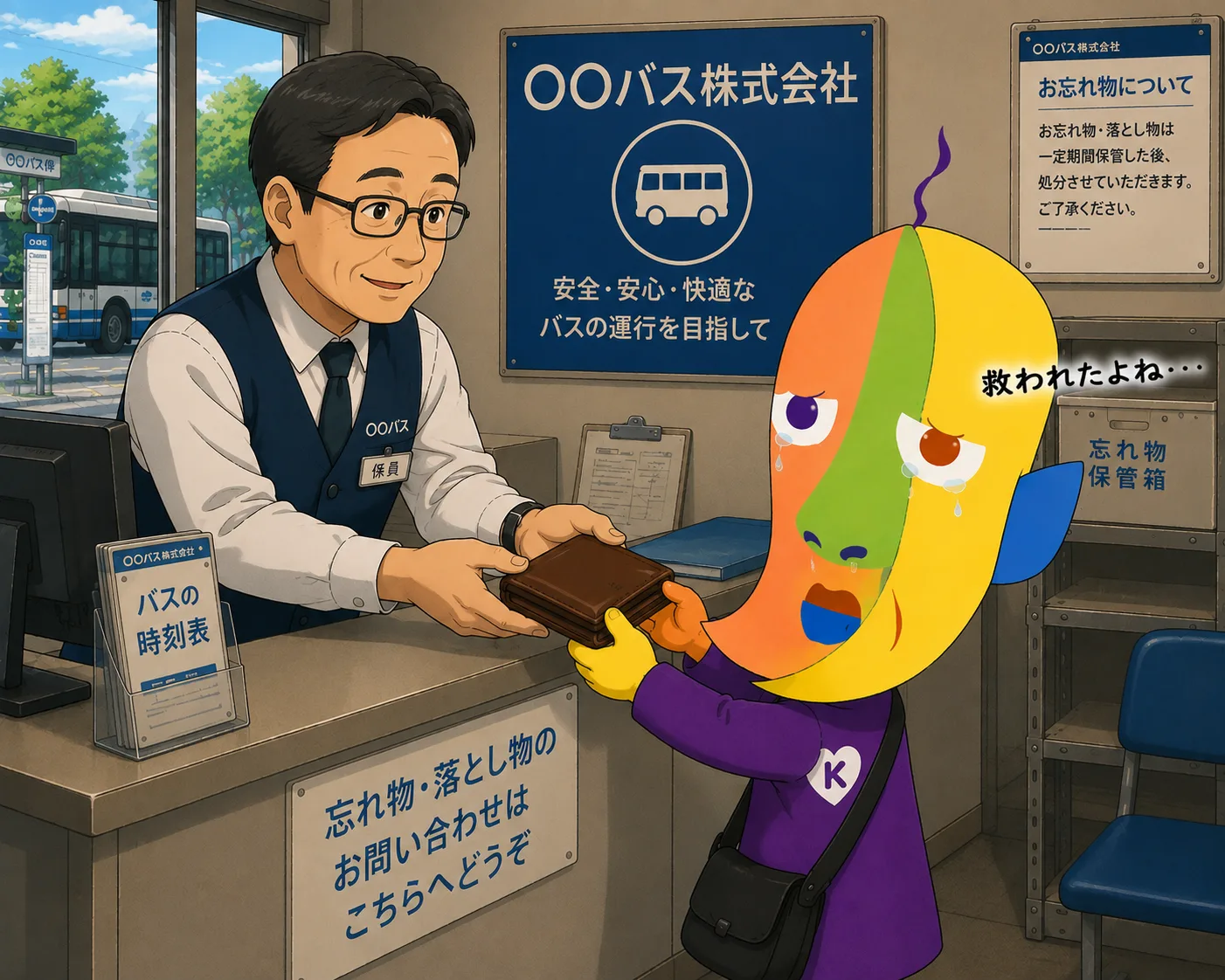 バス会社の営業所で係員から財布を受け取り、涙するKAZUKIN。手書きで「救われたよね・・・」の文字。