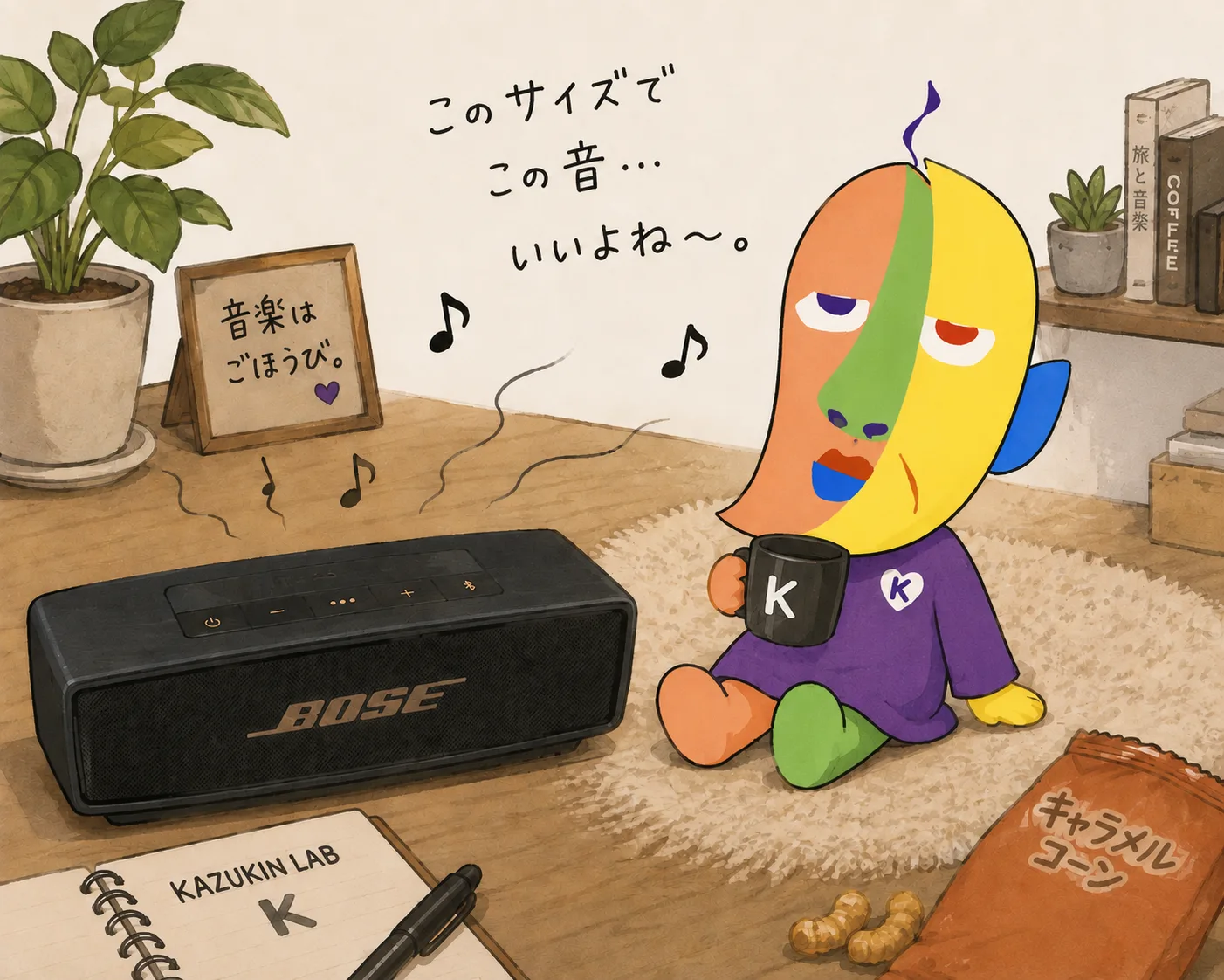 KAZUKIN drinking coffee while eating Caramel Corn in front of a BOSE SoundLink Mini II. Handwritten: “This size, this sound... great, right~.” A small blackboard reads “Music is a reward.”