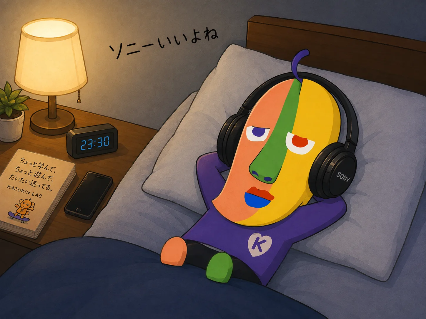 ベッドで枕に頭を乗せ、SONYのヘッドホンをつけて横たわるKAZUKIN。手書きで「ソニーいいよね」の文字。ベッド脇のデジタル時計は23:30、枕元に「ちょっと学んで、ちょっと遊んで、だいたい迷ってる。」のKAZUKIN LABノート。