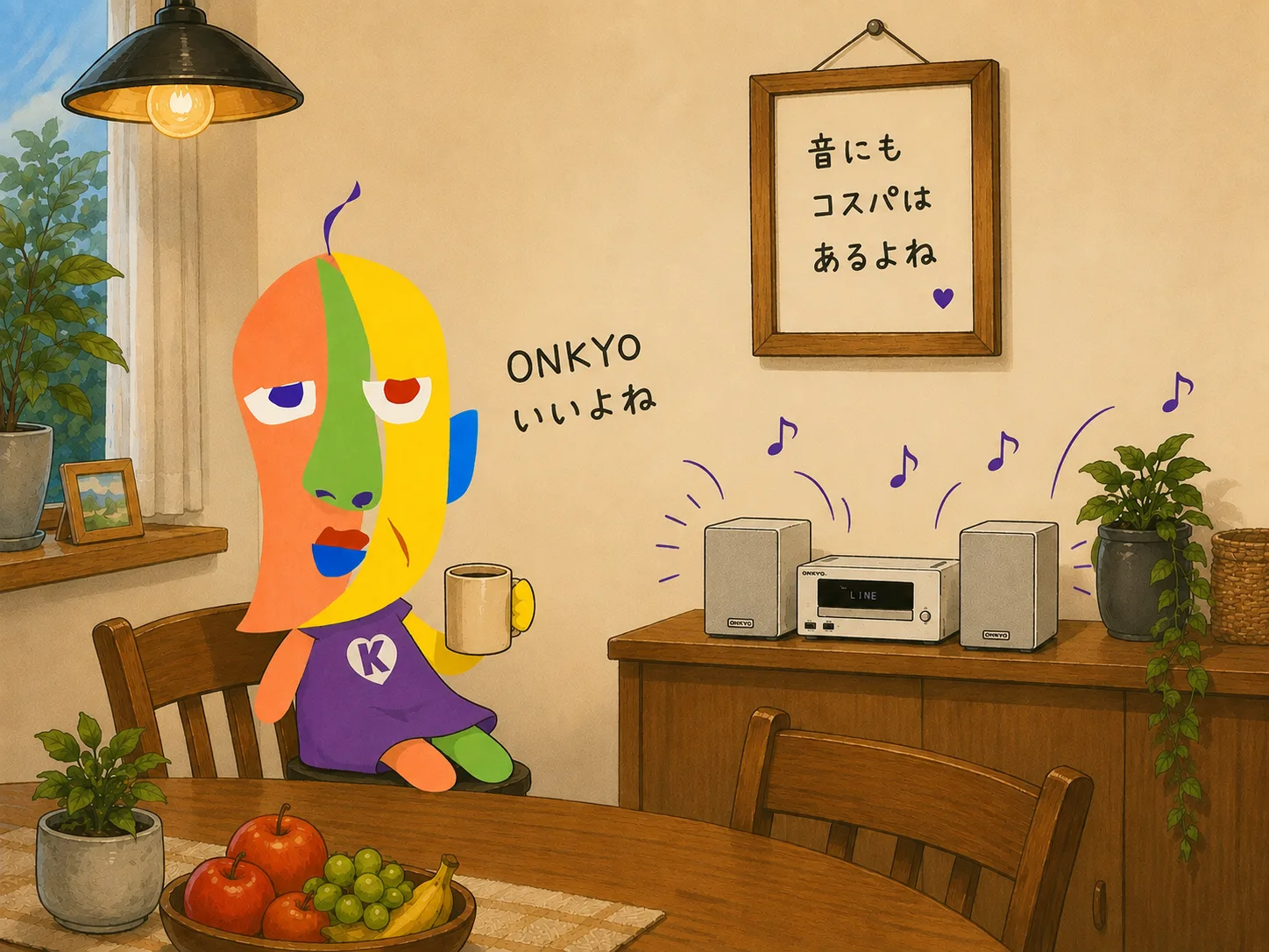 ダイニングでマグカップを手にした椅子に座るKAZUKIN。手書きで「ONKYOいいよね」の文字。壁の額縁には「音にもコスパはあるよね」の手書き文字。奥のサイドボードのONKYO CR-U1本体とスピーカー2台から音符が飛び出し、音が鳴っている様子。