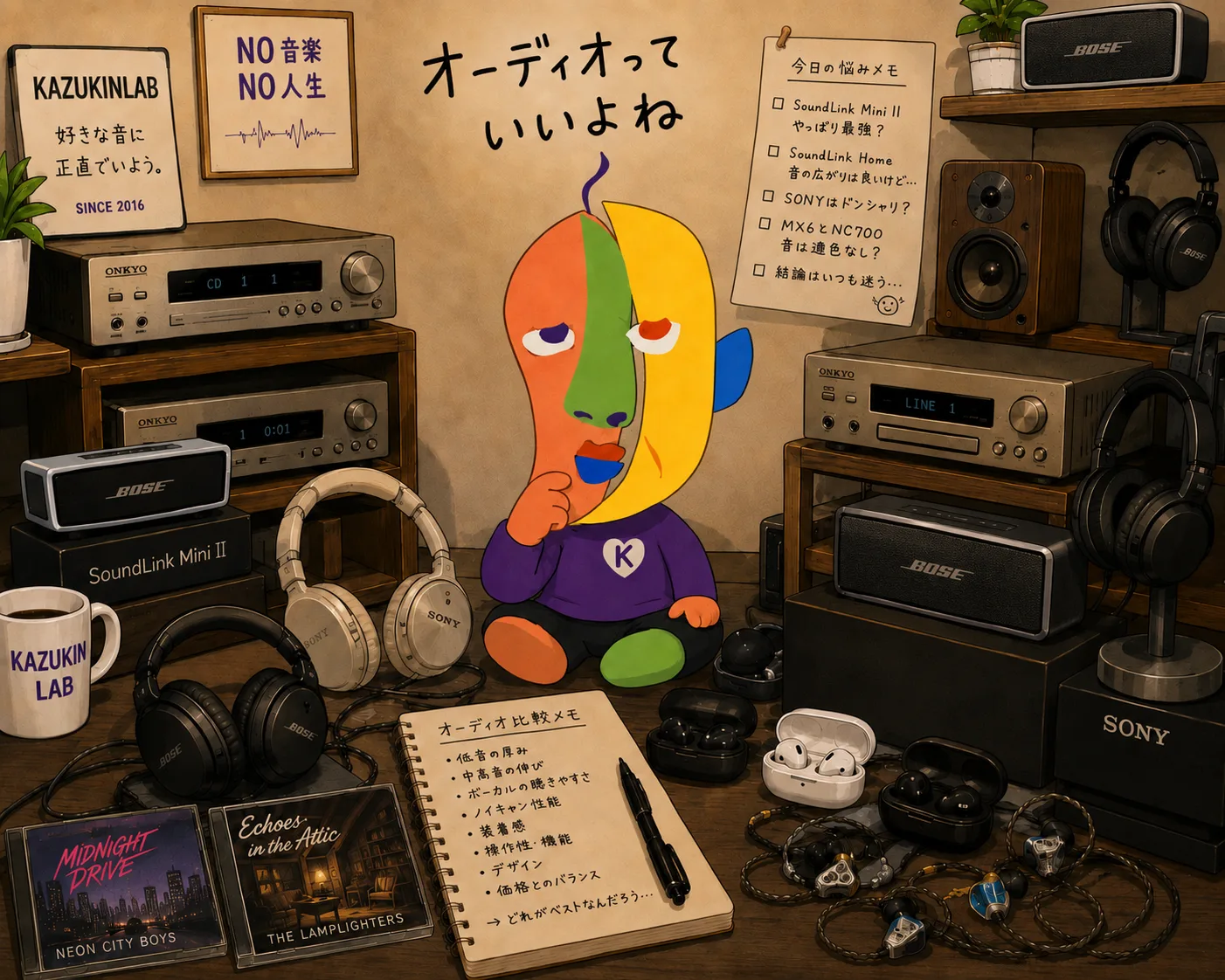 オーディオ機器がずらりと並ぶ部屋で頬杖をつき悩むKAZUKIN。「オーディオっていいよね」の手書き文字。周囲にはONKYOのレシーバー、BOSEのSoundLink Mini IIやSoundLink Home、SONYのヘッドホンやイヤホン、壁の「今日の悩みメモ」にはSoundLink Mini II・SoundLink Home・SONY・MX6とNC700の比較が書かれている。