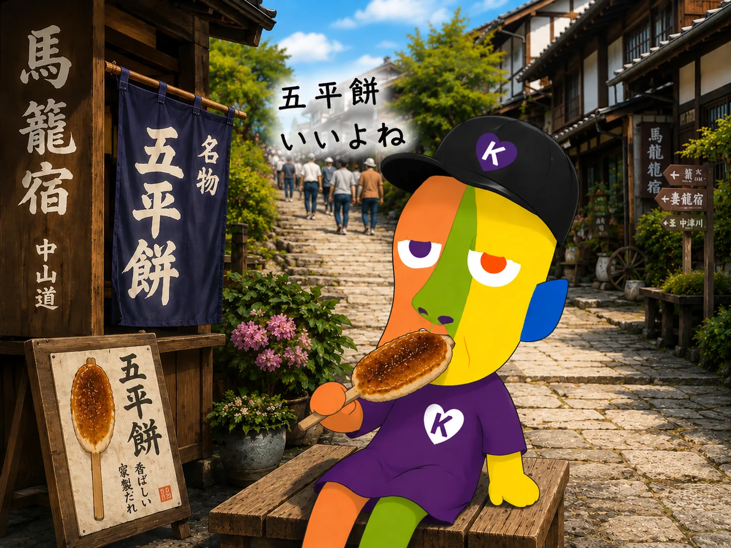 馬籠宿の坂道沿いのベンチで五平餅を頬張るKAZUKIN。「五平餅 いいよね」の手書き文字。
